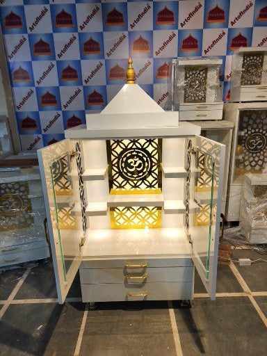 ARTOFINDIA Elegant White Wooden Mandir With (OM) With Glass Doors & 5 Shelfs For Home / Designer Temple