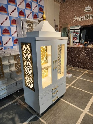 ARTOFINDIA Elegant White Wooden Mandir With (OM) With Glass Doors & 5 Shelfs For Home / Designer Temple