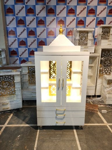 ARTOFINDIA Elegant White Wooden Mandir With (OM) With Glass Doors & 5 Shelfs For Home / Designer Temple