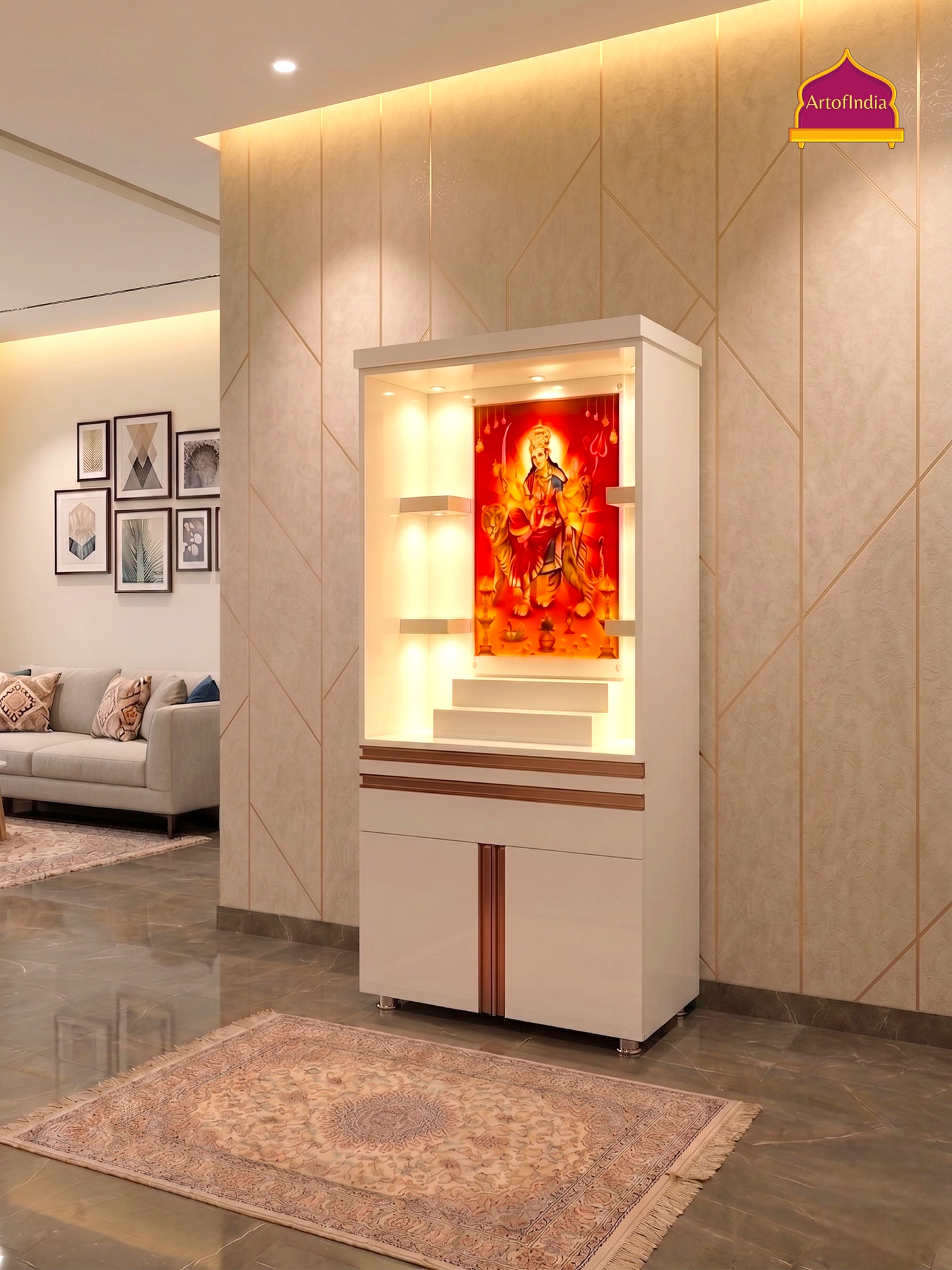 ARTOFINDIA White Wooden Pooja Mandir With Mata JI Colour Corian With Drawers Including Tray
