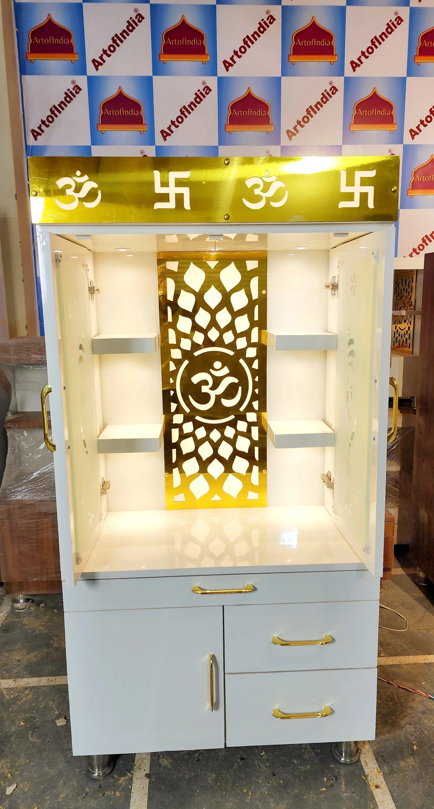 ARTOFINDIA Beautiful White Designer Wooden Mandir With Pocket Glass Doors (Ganesha) & Shelfs For Home/ Designer Temple