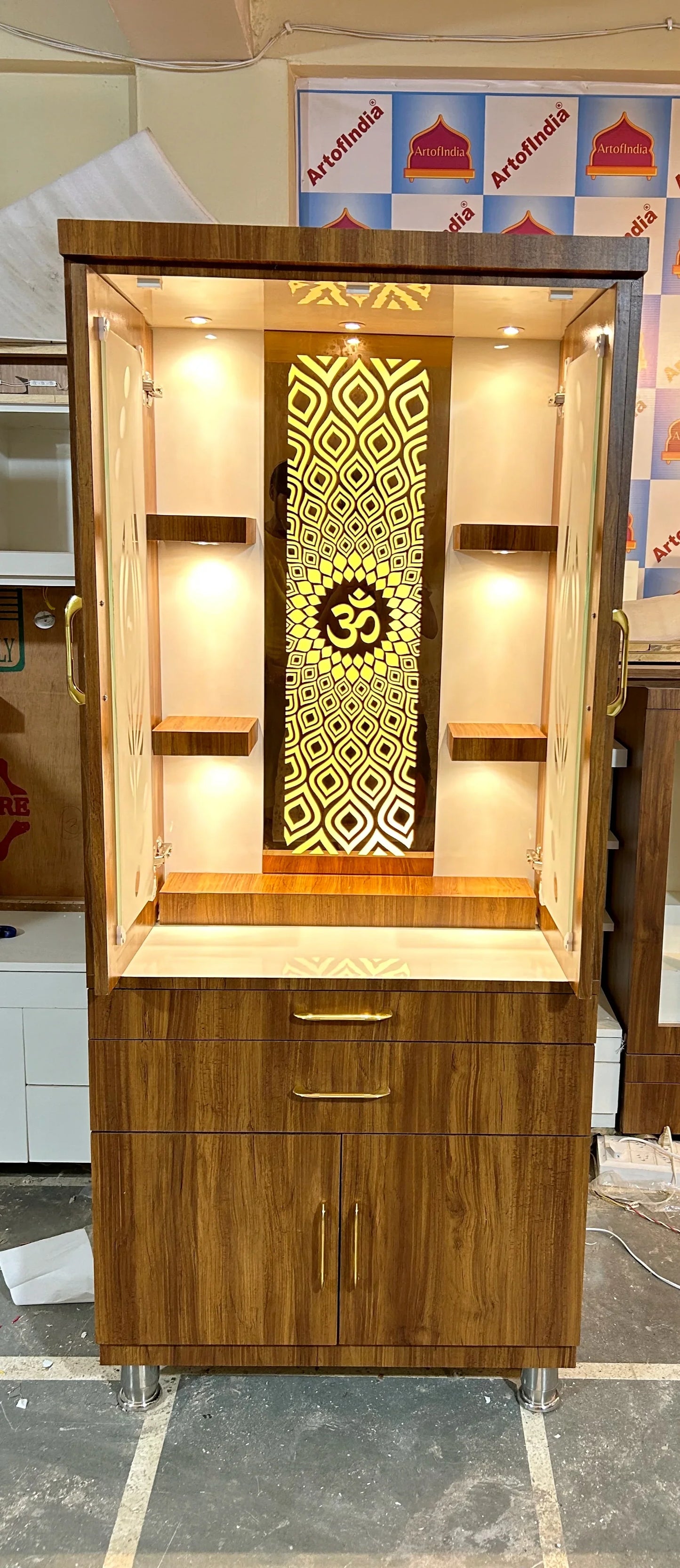 ARTOFINDIA Elegant Brown Designer Wooden Mandir With Glass Backlight (OM), Pocket Glass Doors (Mor pankh) & Shelfs For Home/ Designer Temple