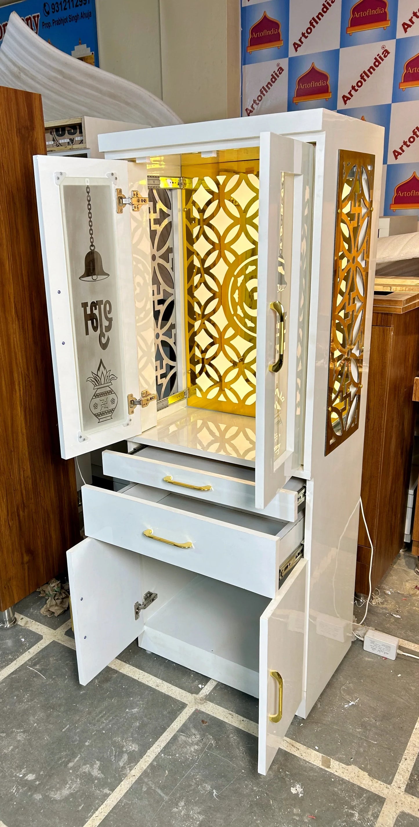 ARTOFINDIA Elegant White Designer Wooden Mandir With Side Golden Jali & Glass Pocket Doors For Home/ Designer Temple