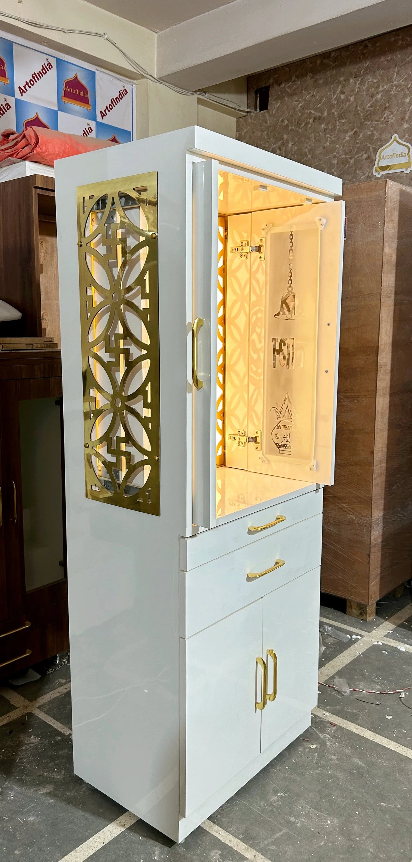 ARTOFINDIA Elegant White Designer Wooden Mandir With Side Golden Jali & Glass Pocket Doors For Home/ Designer Temple