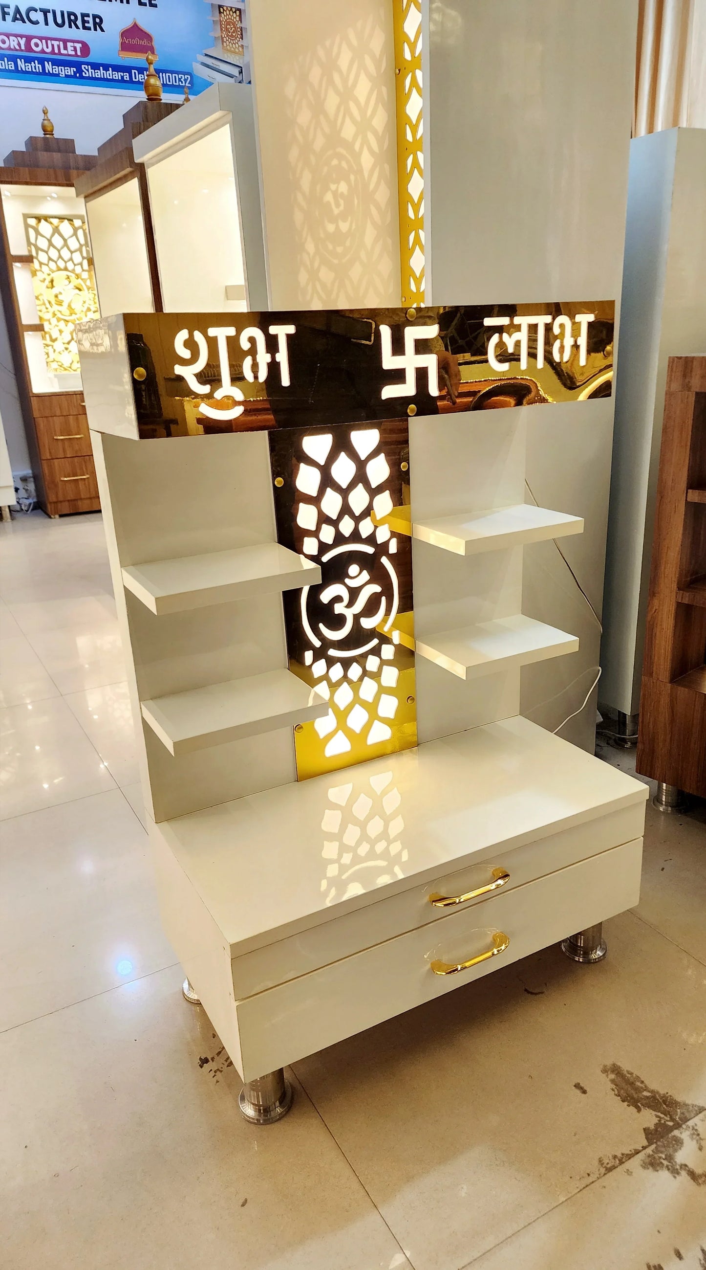 ARTOFINDIA Elegant White Designer Wooden Foldable Parts Mandir (Shubh - Labh) With Shelfs For Home/ Designer Temple