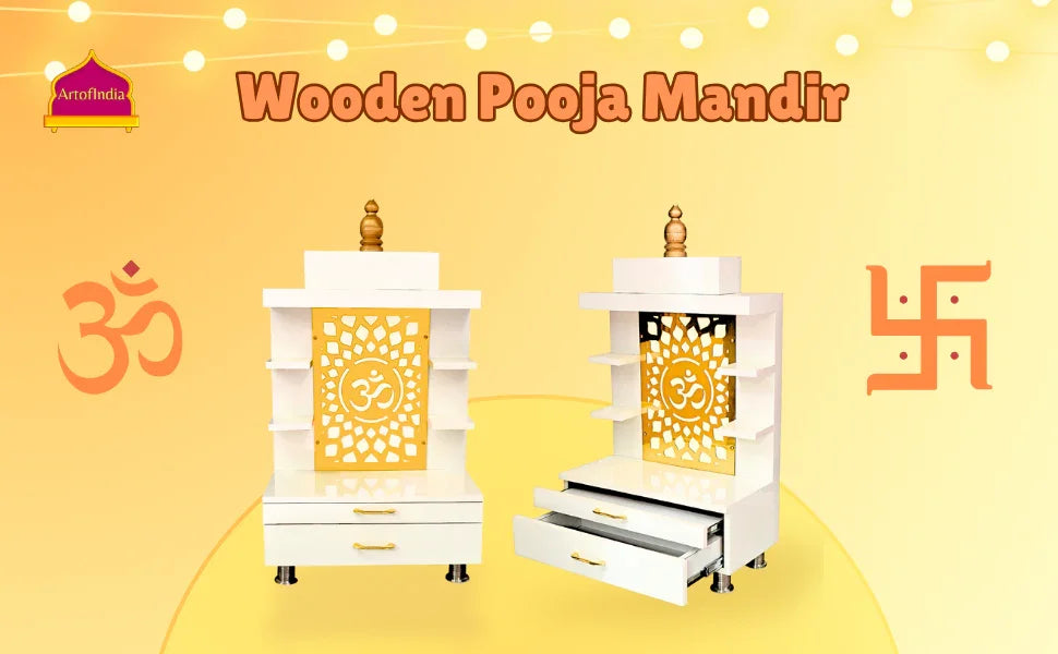 ARTOFINDIA Designer Wooden Temple,Wall Hanging & Floor Mounted, Wooden Mandir for Home and Office with warm white Lights