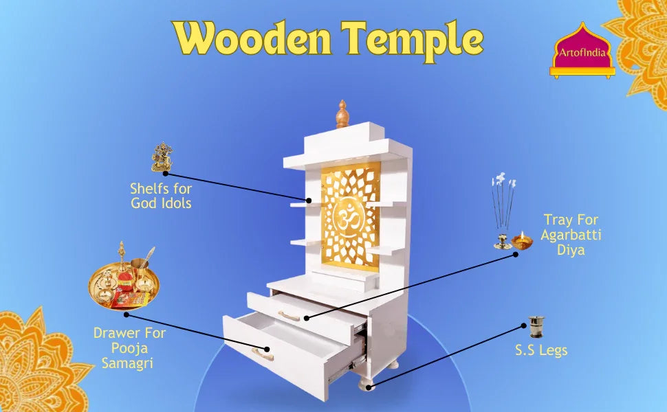 ARTOFINDIA Designer Wooden Mandir, Decorative Wooden Mandir with Lights & Shelfs