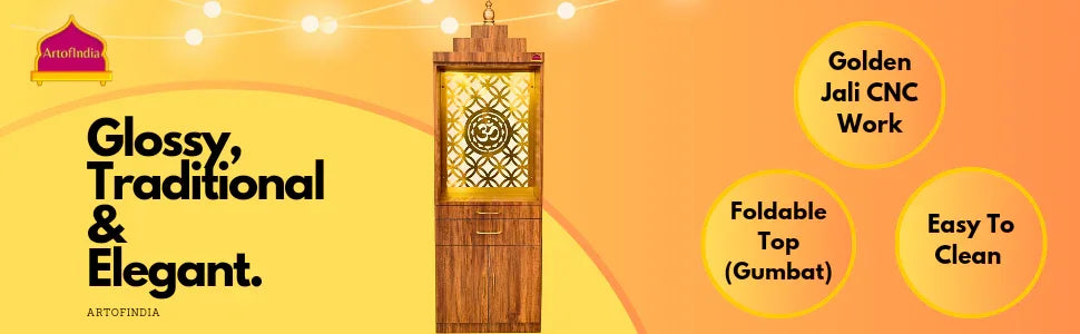 ARTOFINDIA Beautiful Wooden Pooja Mandir for Home/Temple for Home and Office/Pooja Mandir for Home and Office with Om LED Warm White Light