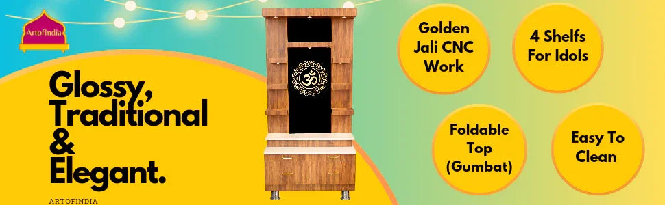 ARTOFINDIA Designer Wooden Mandir for Home/Temple Home/Pooja Mandir with Glass OM Glowing Warm White Lights