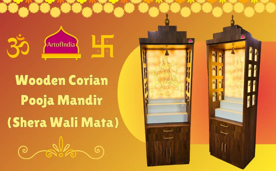 ARTOFINDIA Beautiful Corian Shera Wali MATA Wooden Pooja Mandir for Home/Office with Corian Marble Back Glowing Warm White Light