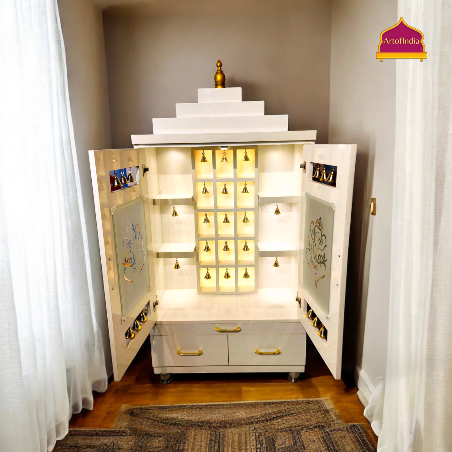 ARTOFINDIA Elegant White Wooden Mandir With Designer Glass Doors, Shelfs & Bells For Home / Designer Temple