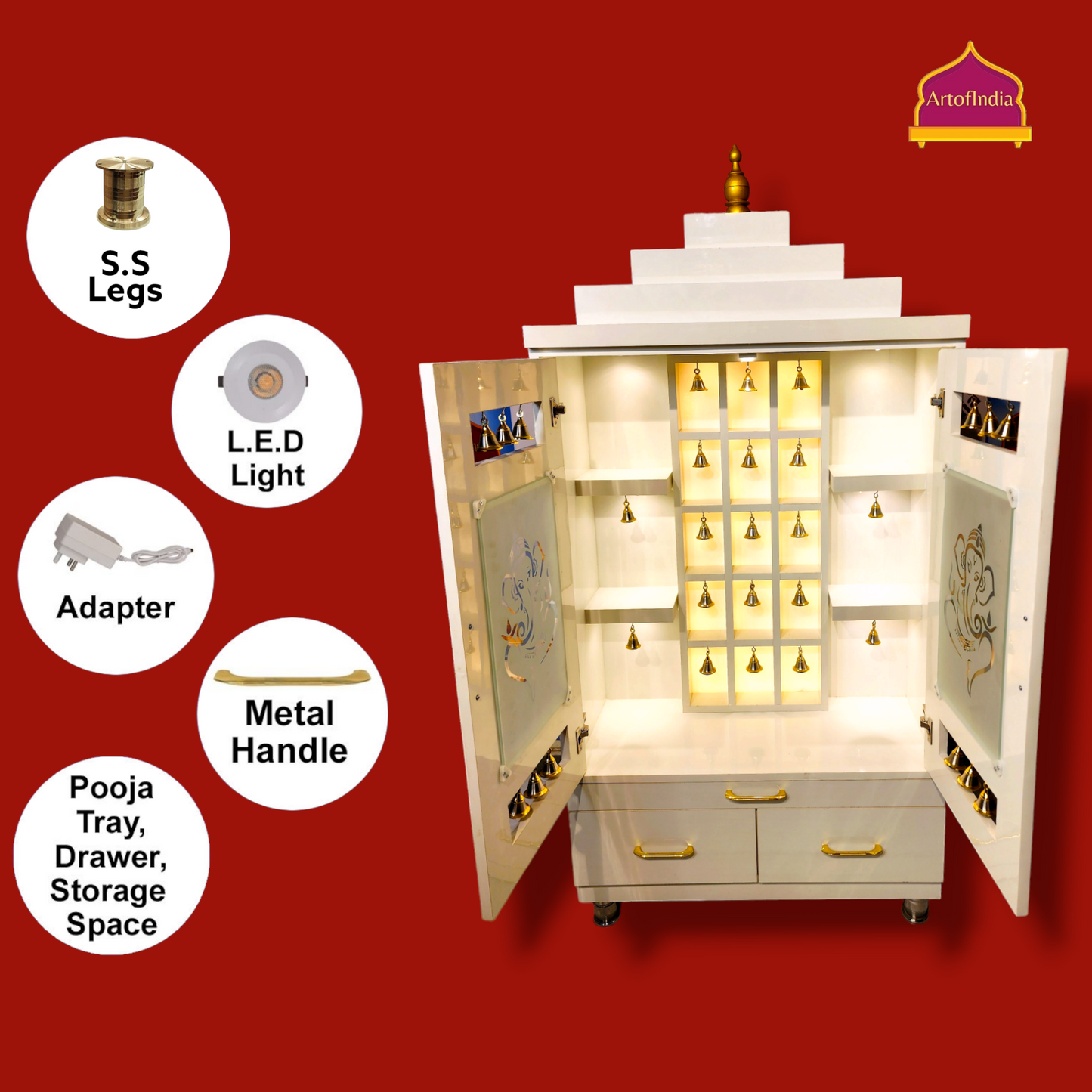 ARTOFINDIA Elegant White Wooden Mandir With Designer Glass Doors, Shelfs & Bells For Home / Designer Temple