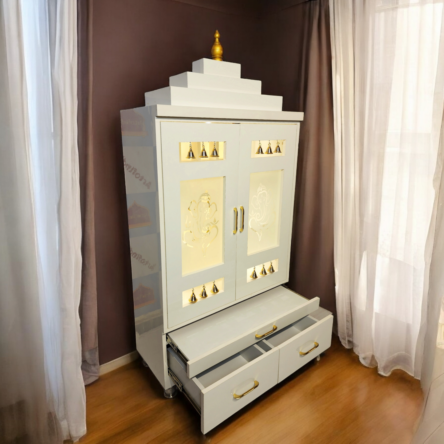 ARTOFINDIA Elegant White Wooden Mandir With Designer Glass Doors, Shelfs & Bells For Home / Designer Temple
