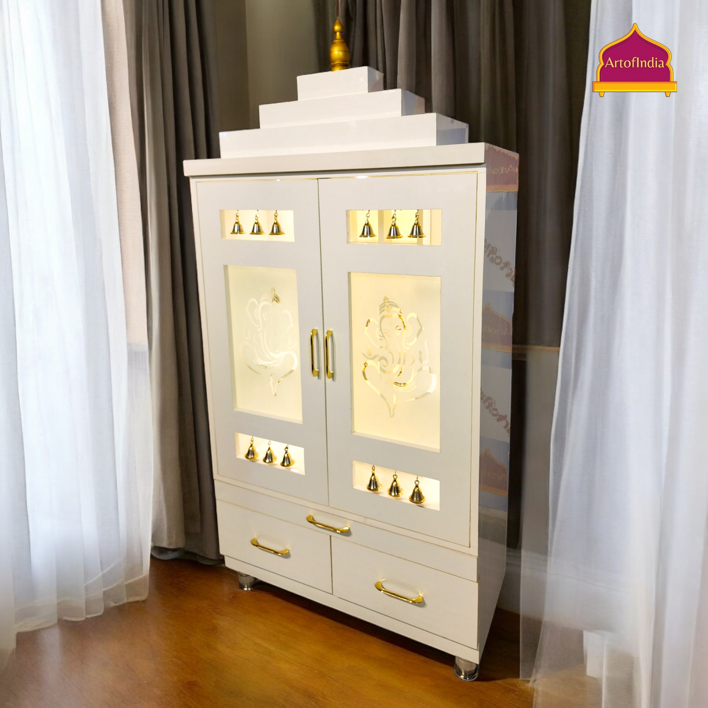 ARTOFINDIA Elegant White Wooden Mandir With Designer Glass Doors, Shelfs & Bells For Home / Designer Temple
