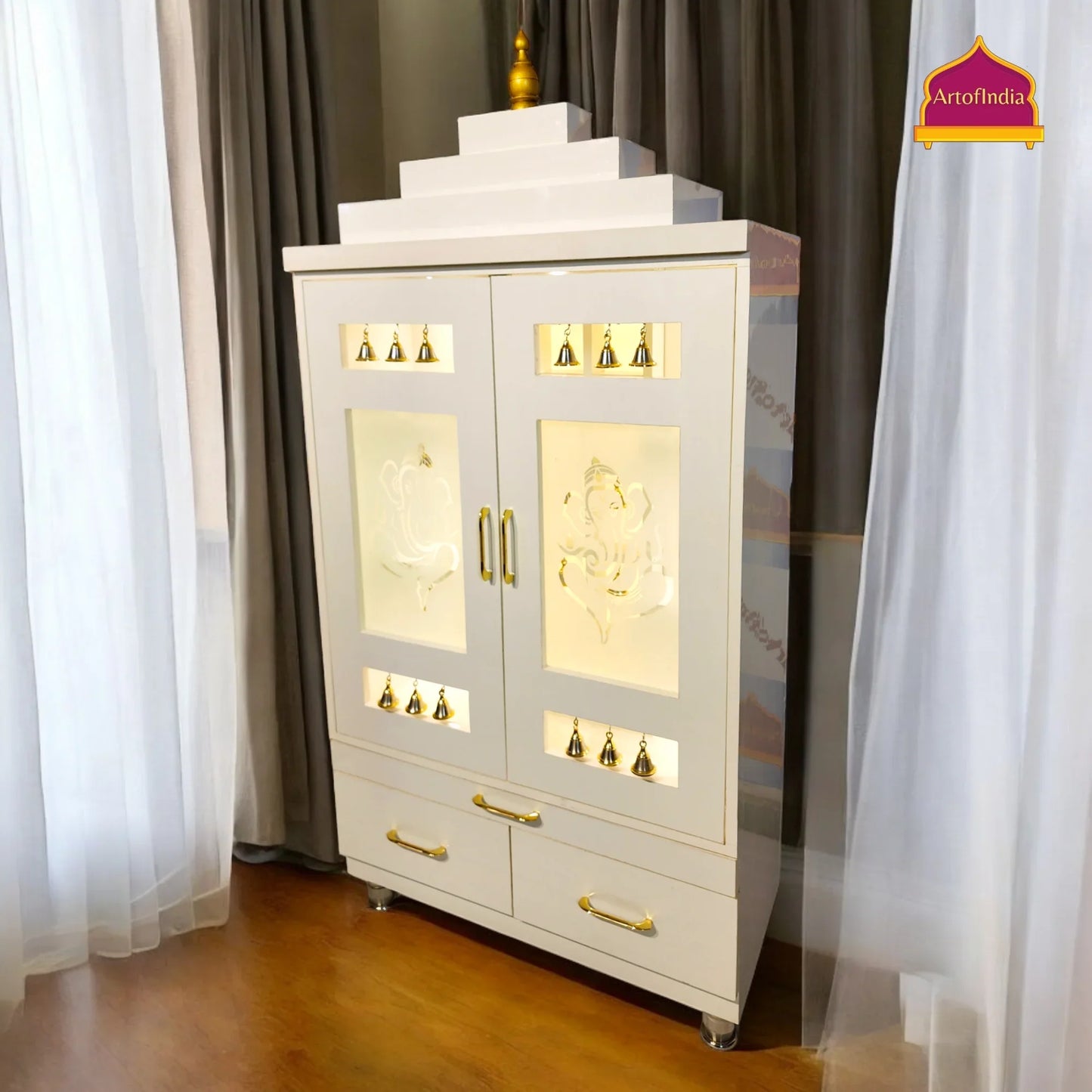 ARTOFINDIA Elegant White Wooden Mandir With Designer Glass Doors, Shelfs & Bells For Home / Designer Temple