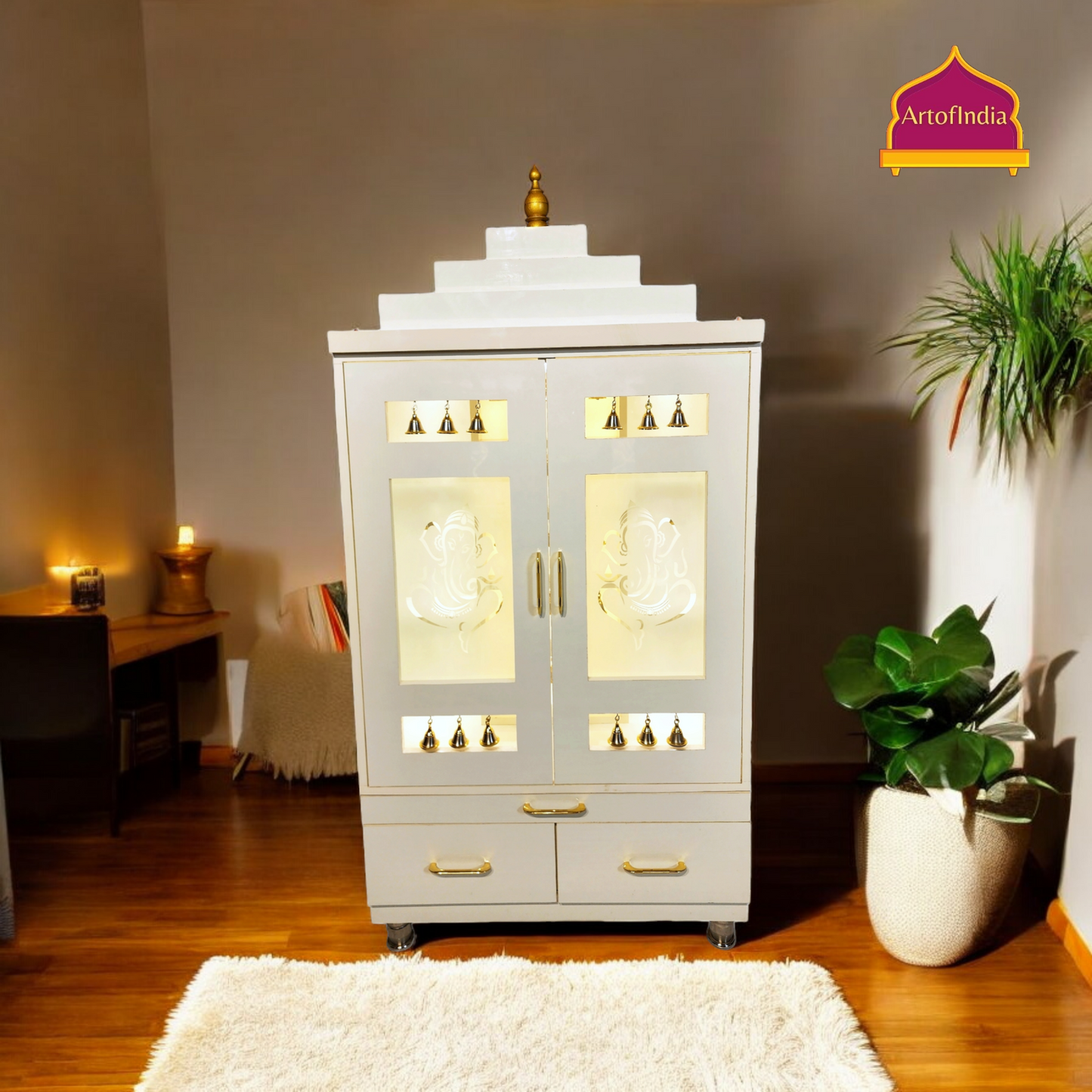 ARTOFINDIA Elegant White Wooden Mandir With Designer Glass Doors, Shelfs & Bells For Home / Designer Temple