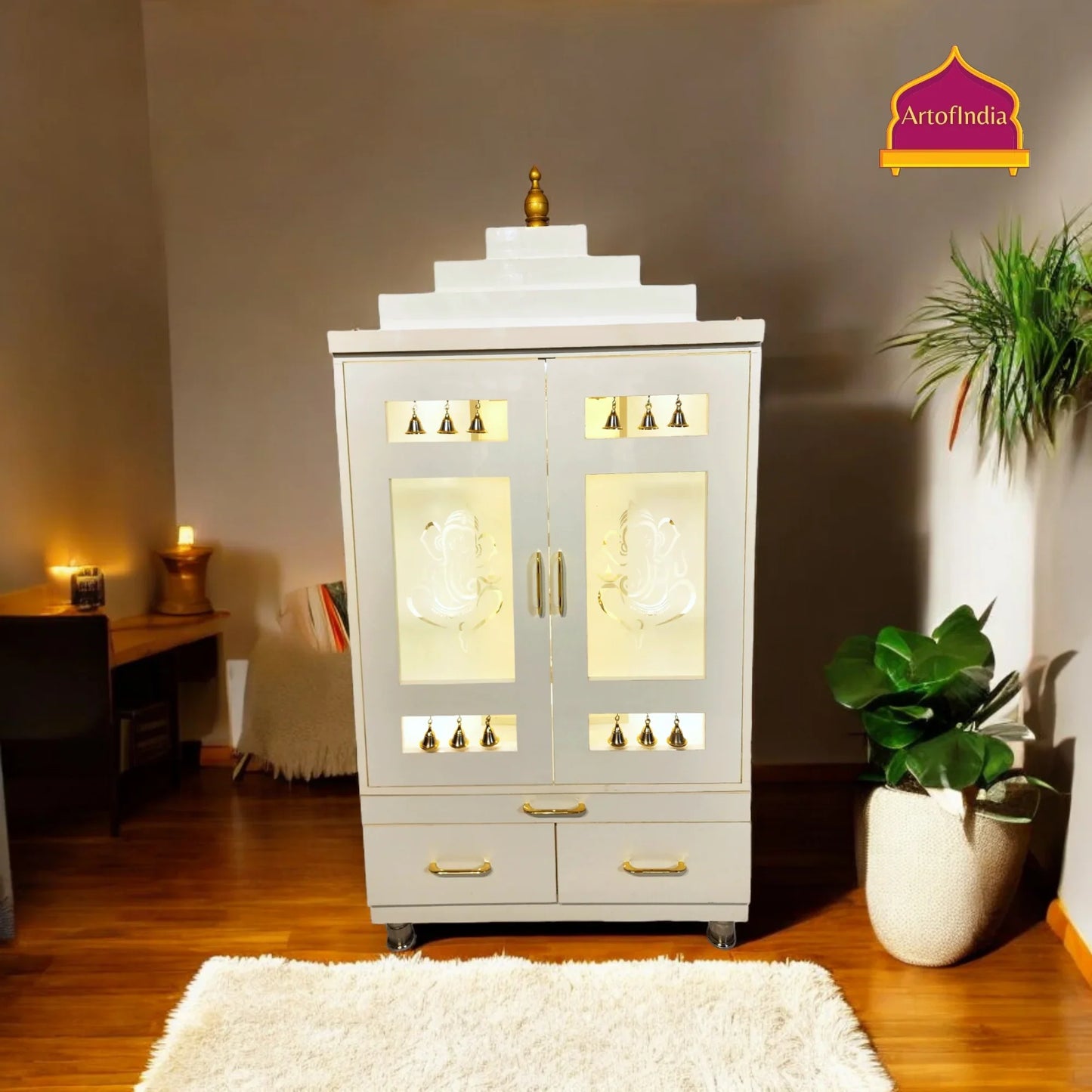ARTOFINDIA Elegant White Wooden Mandir With Designer Glass Doors, Shelfs & Bells For Home / Designer Temple