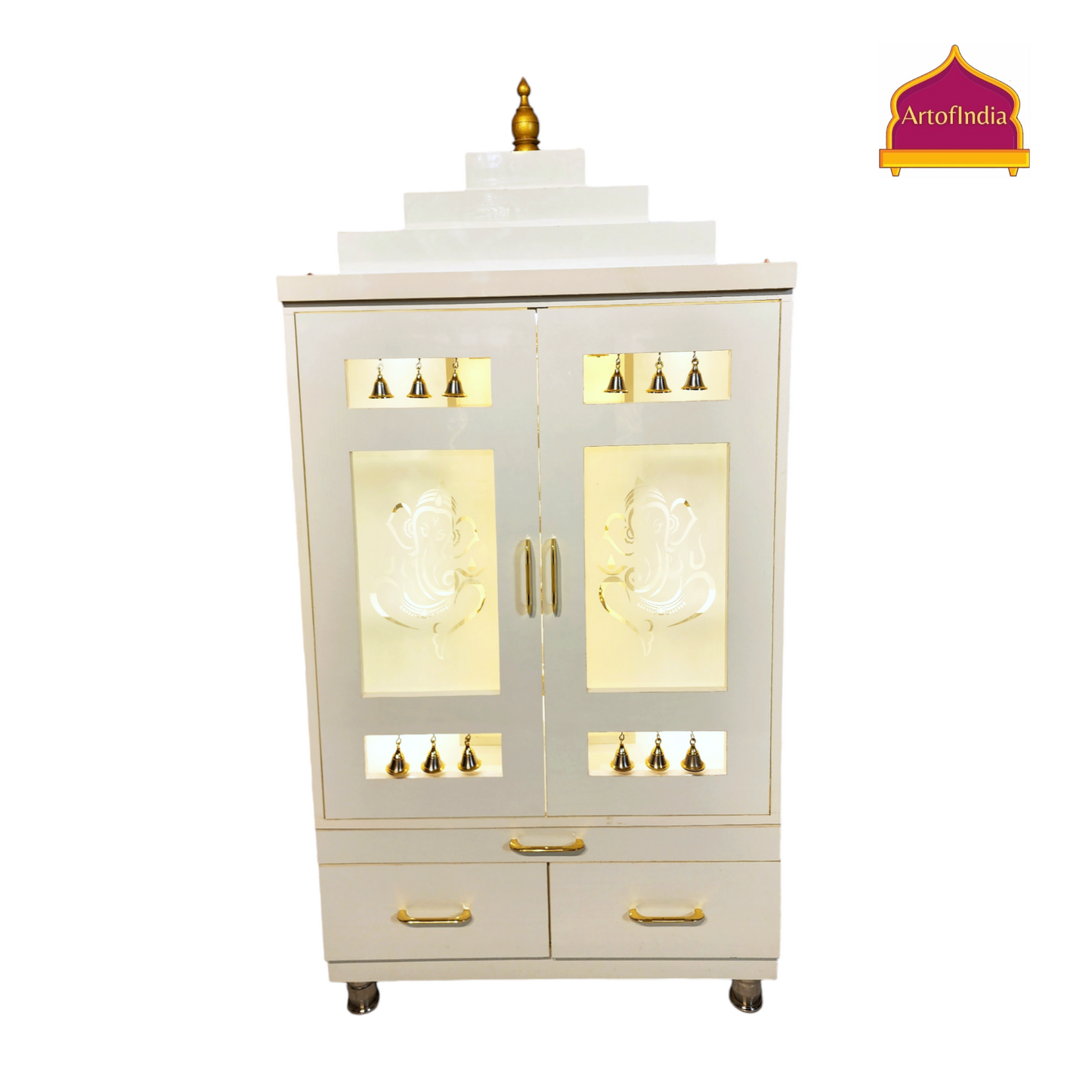 ARTOFINDIA Elegant White Wooden Mandir With Designer Glass Doors, Shelfs & Bells For Home / Designer Temple