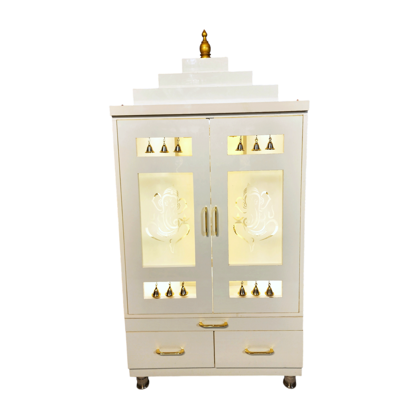 ARTOFINDIA Elegant White Wooden Mandir With Designer Glass Doors, Shelfs & Bells For Home / Designer Temple