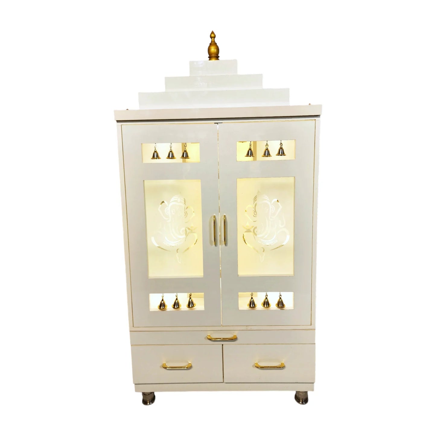 ARTOFINDIA Elegant White Wooden Mandir With Designer Glass Doors, Shelfs & Bells For Home / Designer Temple