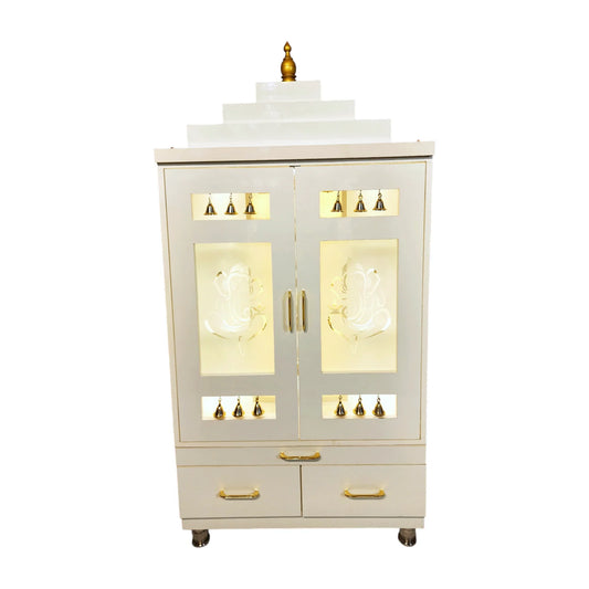ARTOFINDIA Elegant White Wooden Mandir With Designer Glass Doors, Shelfs & Bells For Home / Designer Temple
