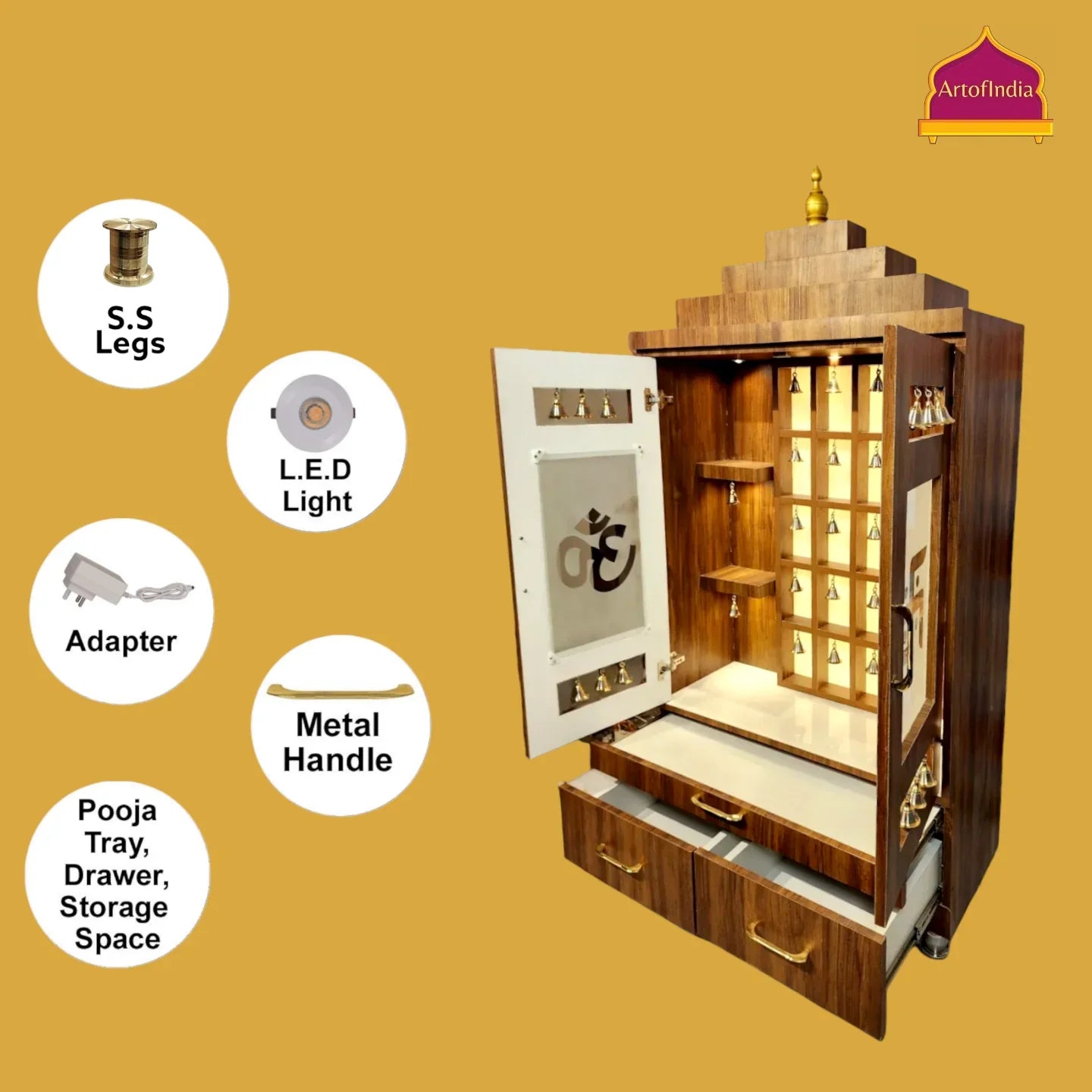 ARTOFINDIA Beautiful Brown Wooden Mandir With Designer Glass Doors, Shelfs & Bells For Home / Designer Temple