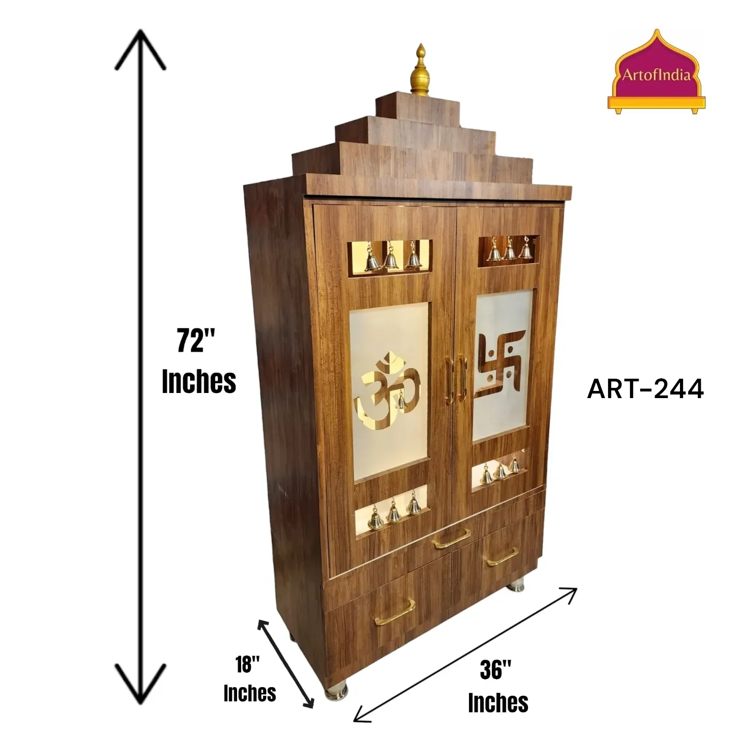 ARTOFINDIA Beautiful Brown Wooden Mandir With Designer Glass Doors, Shelfs & Bells For Home / Designer Temple