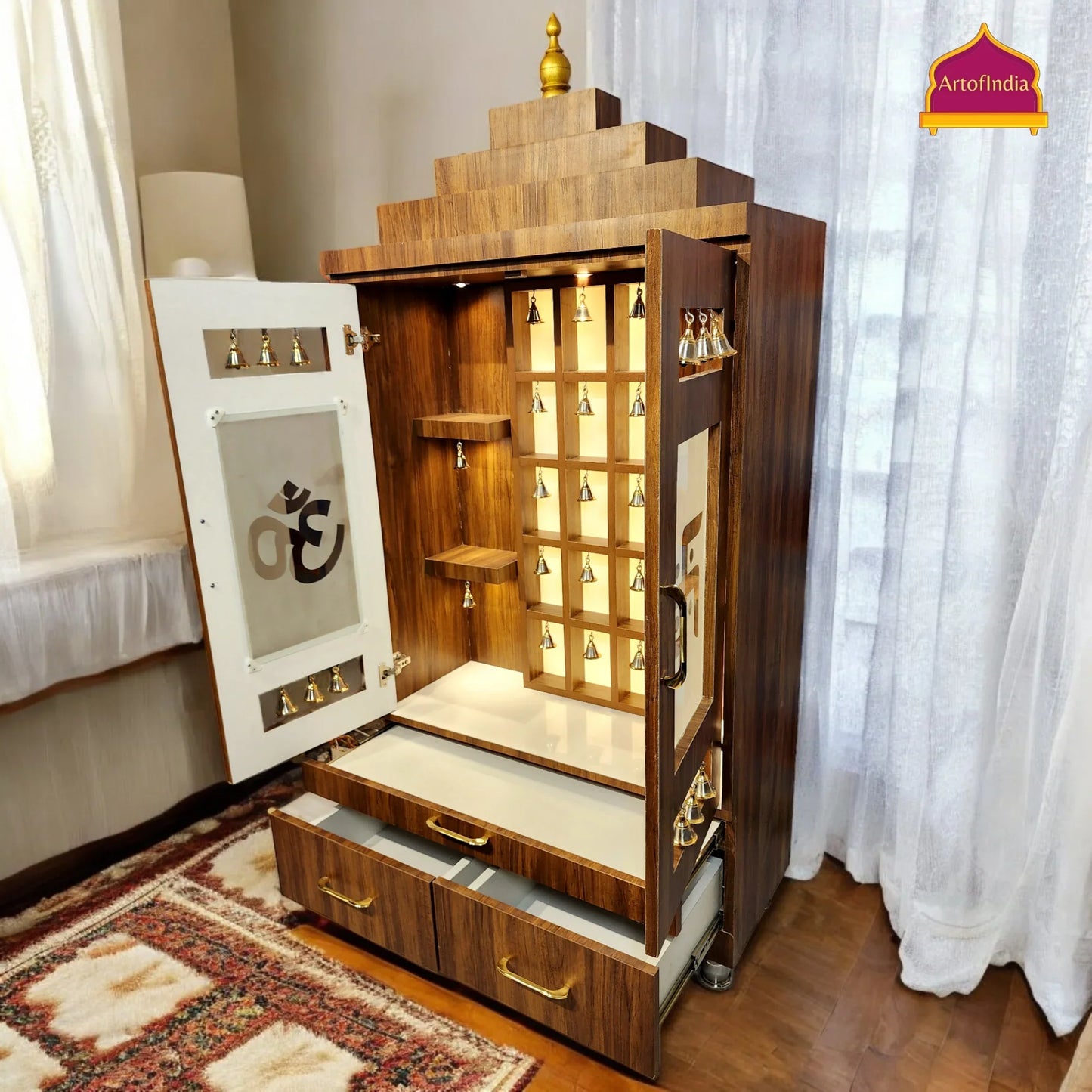 ARTOFINDIA Beautiful Brown Wooden Mandir With Designer Glass Doors, Shelfs & Bells For Home / Designer Temple