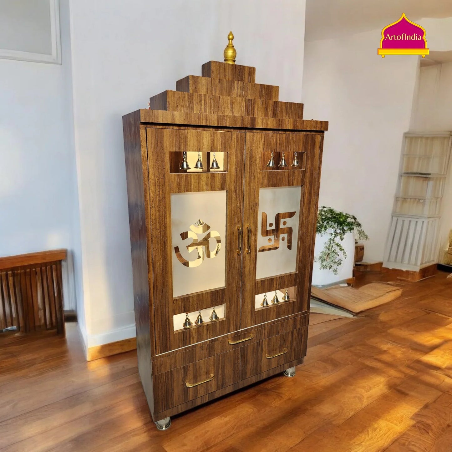 ARTOFINDIA Beautiful Brown Wooden Mandir With Designer Glass Doors, Shelfs & Bells For Home / Designer Temple