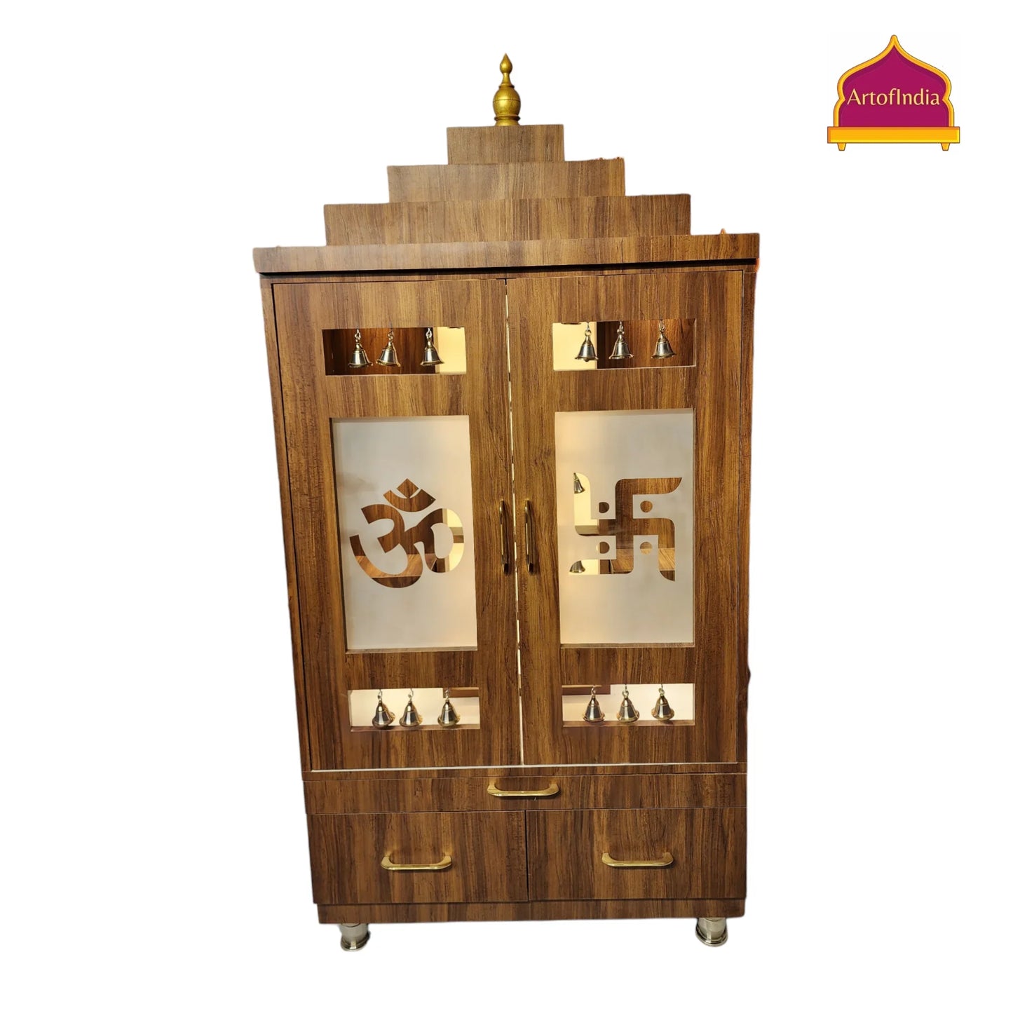 ARTOFINDIA Beautiful Brown Wooden Mandir With Designer Glass Doors, Shelfs & Bells For Home / Designer Temple