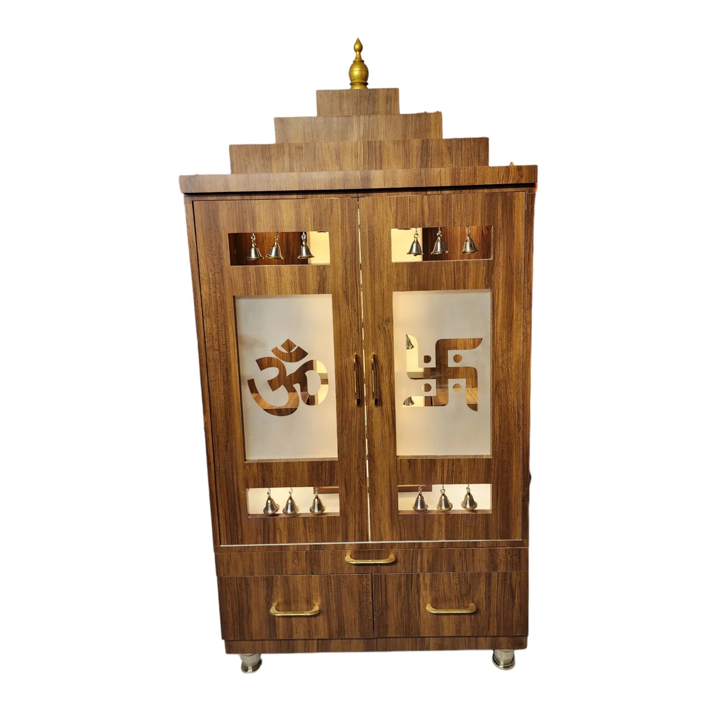 ARTOFINDIA Beautiful Brown Wooden Mandir With Designer Glass Doors, Shelfs & Bells For Home / Designer Temple