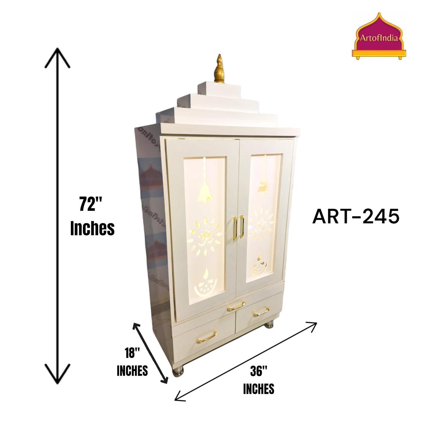 ARTOFINDIA Elegant White Wooden Mandir (Om) With Designer Doors, Shelfs For Home / Designer Temple