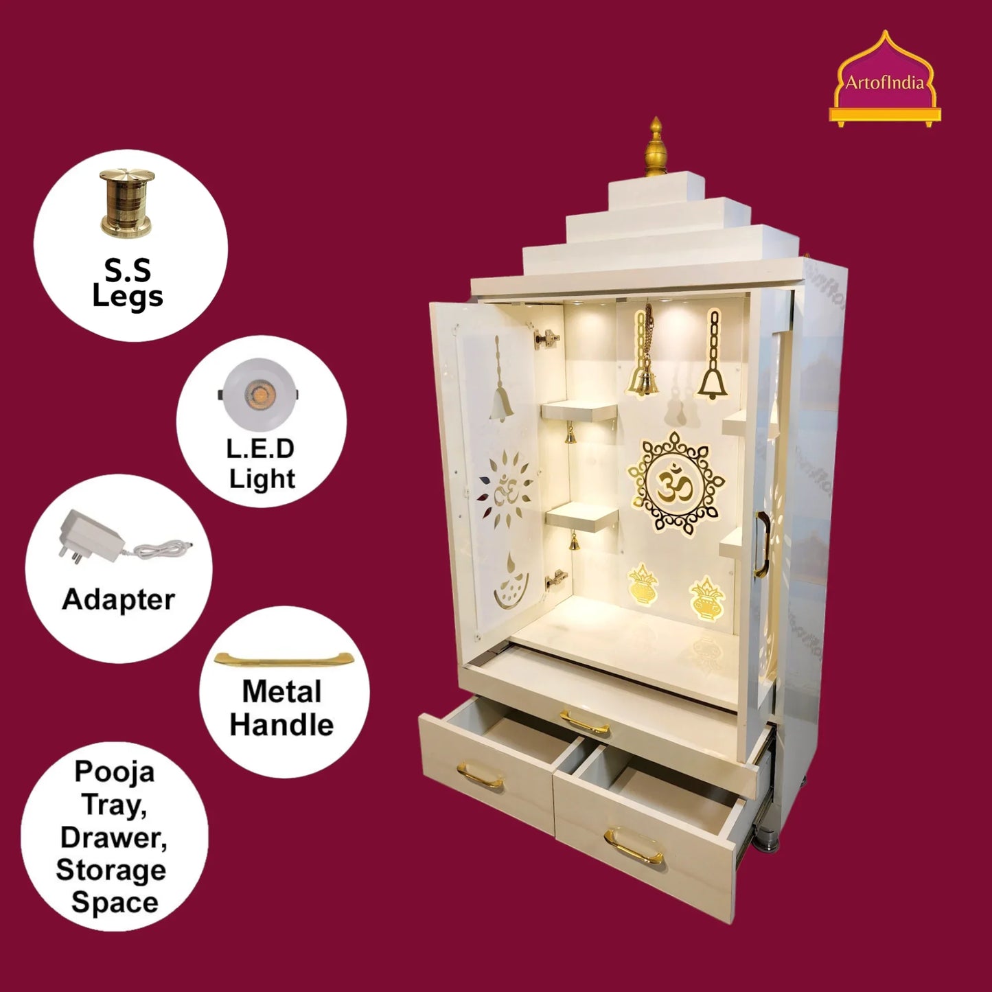 ARTOFINDIA Elegant White Wooden Mandir (Om) With Designer Doors, Shelfs For Home / Designer Temple