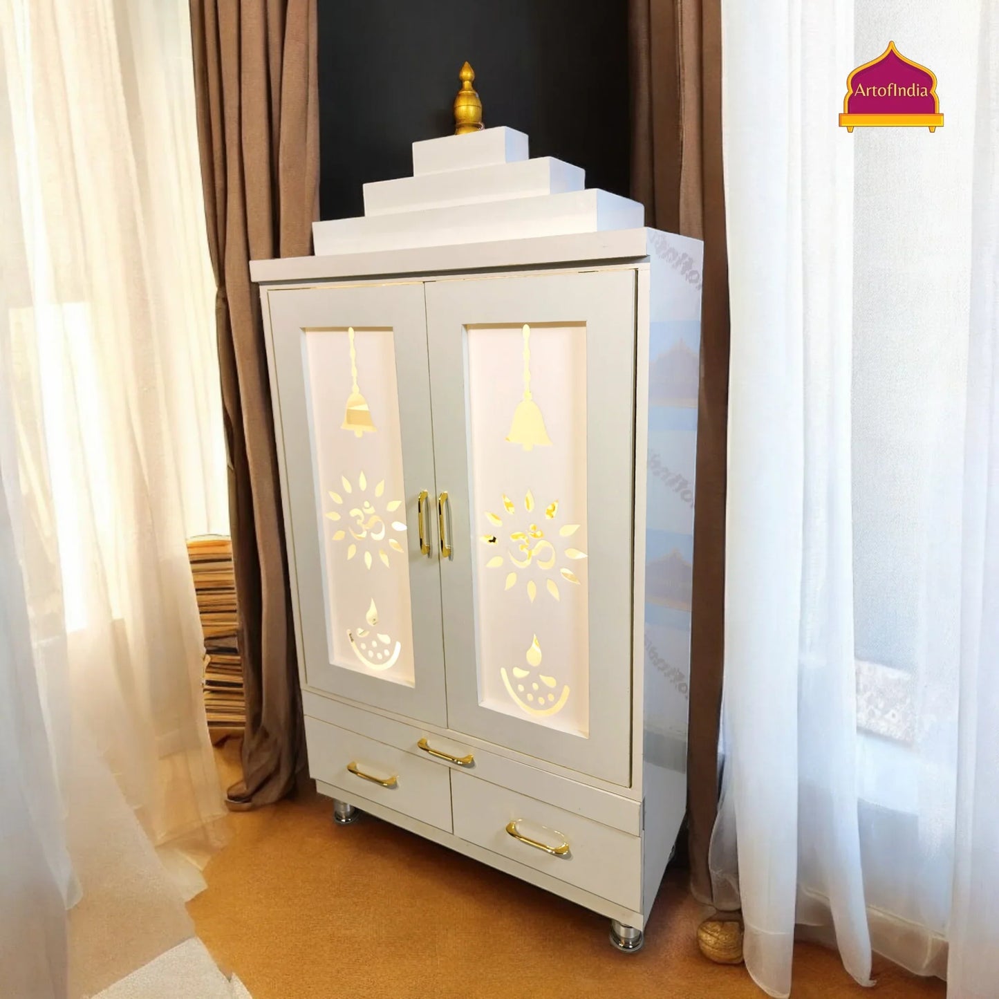 ARTOFINDIA Elegant White Wooden Mandir (Om) With Designer Doors, Shelfs For Home / Designer Temple