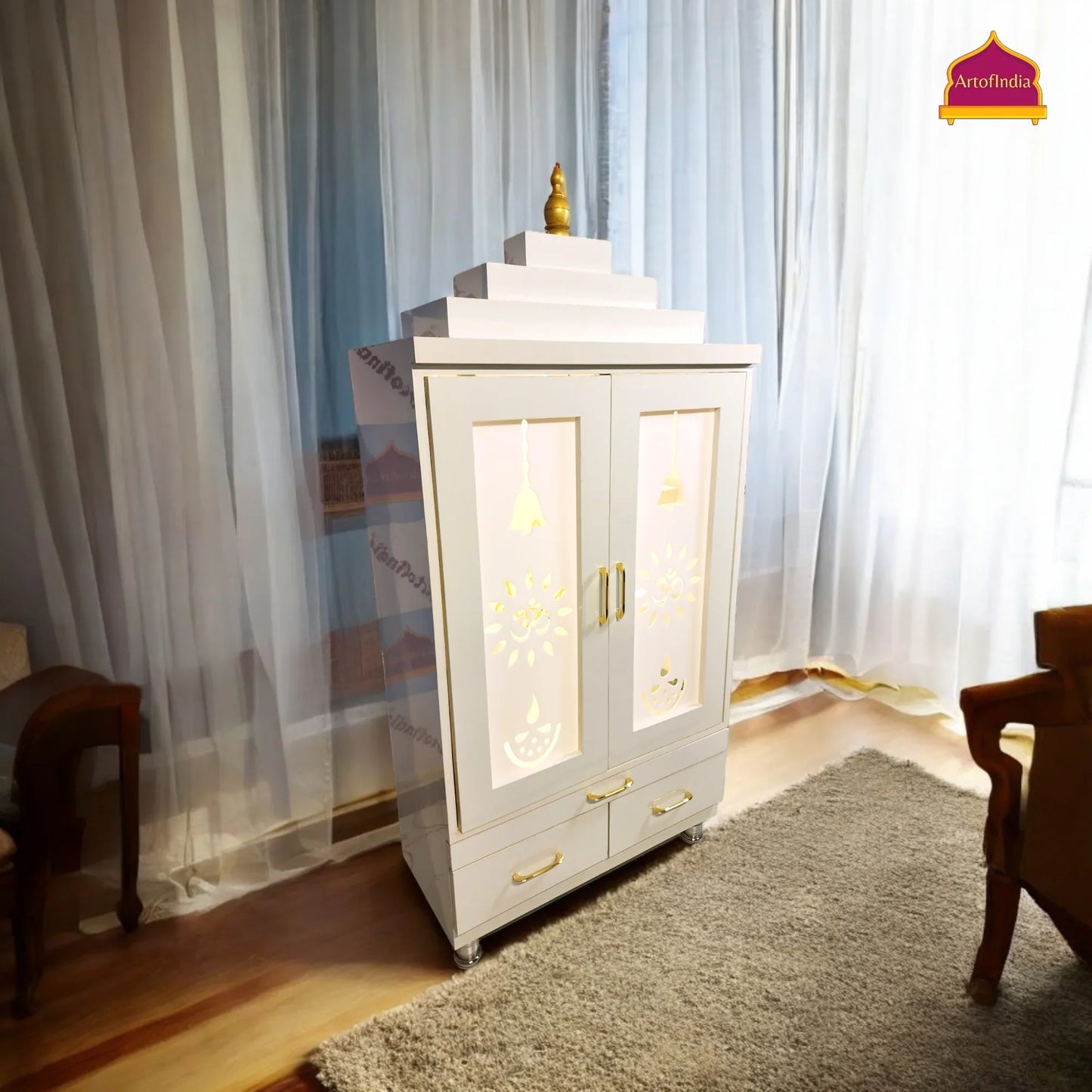 ARTOFINDIA Elegant White Wooden Mandir (Om) With Designer Doors, Shelfs For Home / Designer Temple