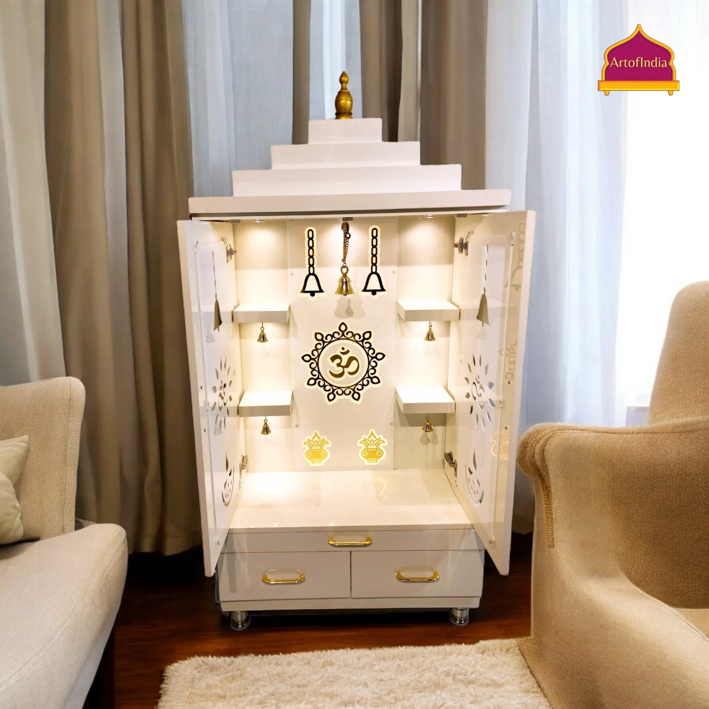 ARTOFINDIA Elegant White Wooden Mandir (Om) With Designer Doors, Shelfs For Home / Designer Temple