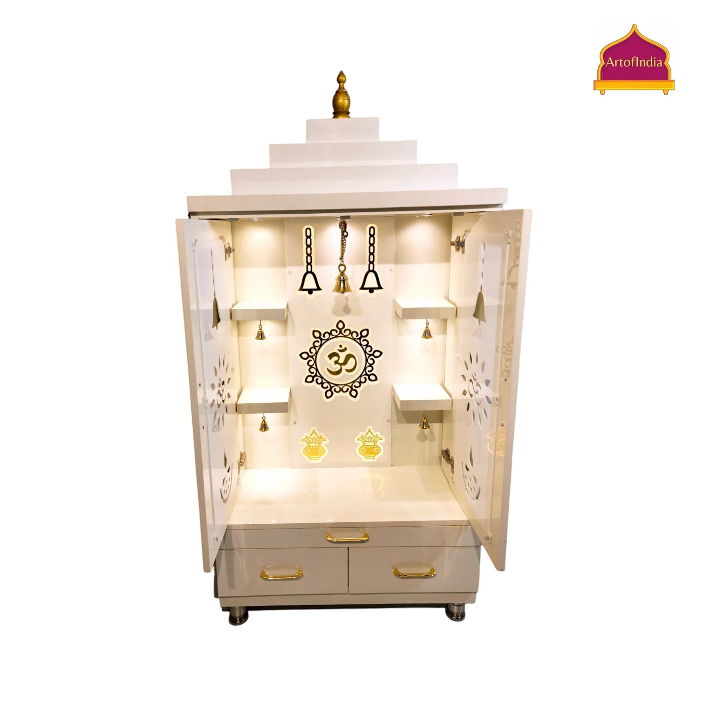 ARTOFINDIA Elegant White Wooden Mandir (Om) With Designer Doors, Shelfs For Home / Designer Temple