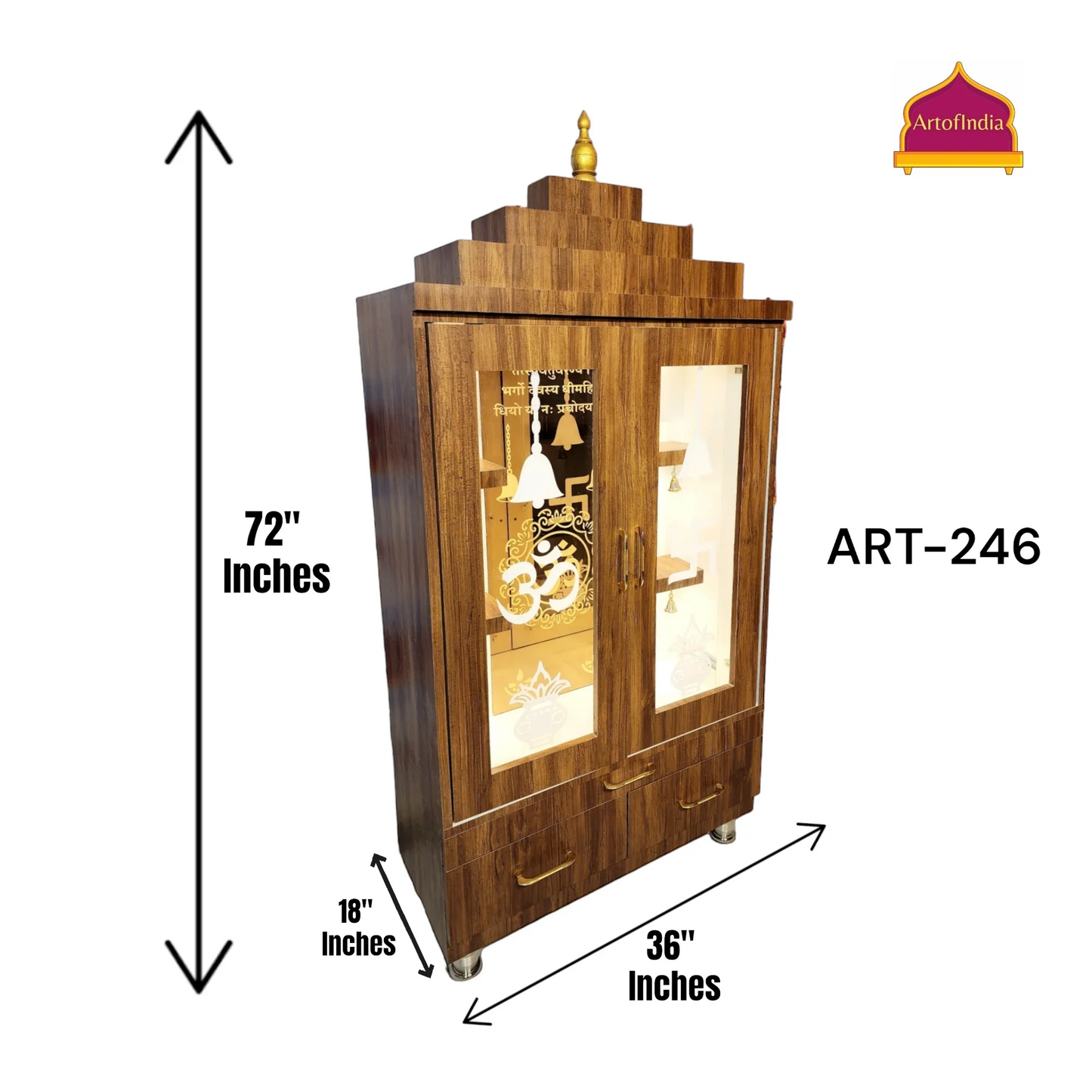 ARTOFINDIA Beautiful Brown Wooden Mandir (OM Mirror Glass) With Designer Glass Doors & Shelfs For Home / Designer Temple