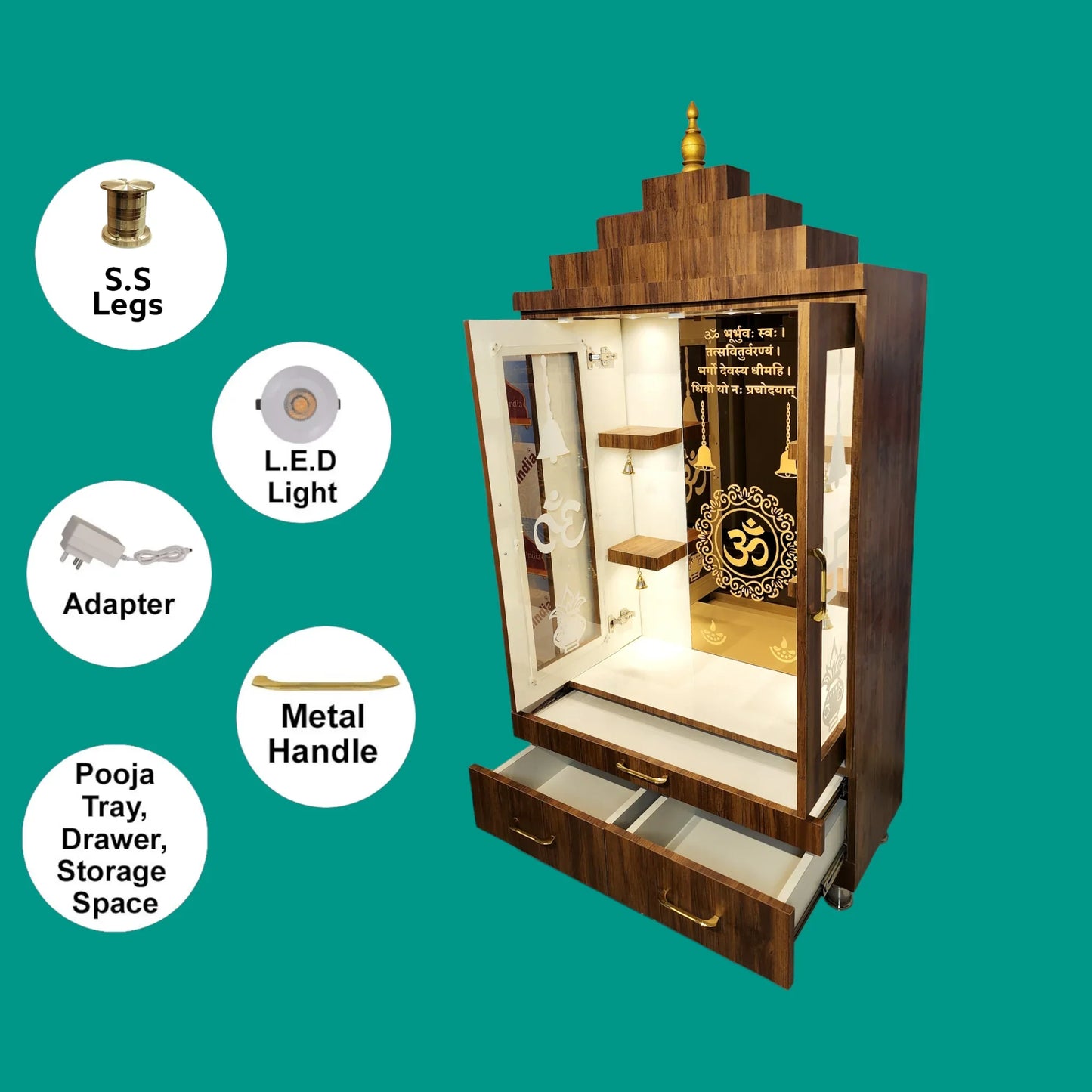 ARTOFINDIA Beautiful Brown Wooden Mandir (OM Mirror Glass) With Designer Glass Doors & Shelfs For Home / Designer Temple