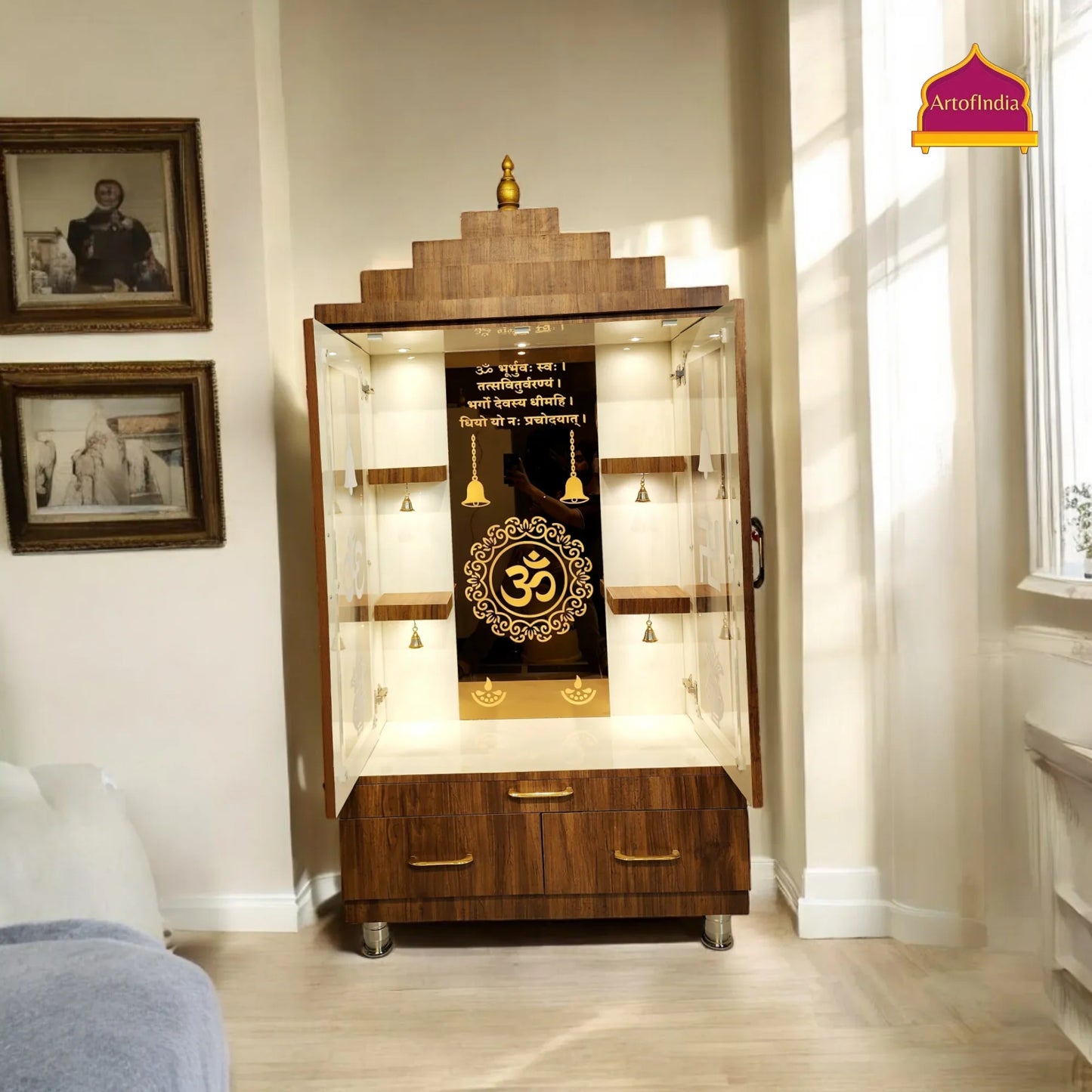 ARTOFINDIA Beautiful Brown Wooden Mandir (OM Mirror Glass) With Designer Glass Doors & Shelfs For Home / Designer Temple