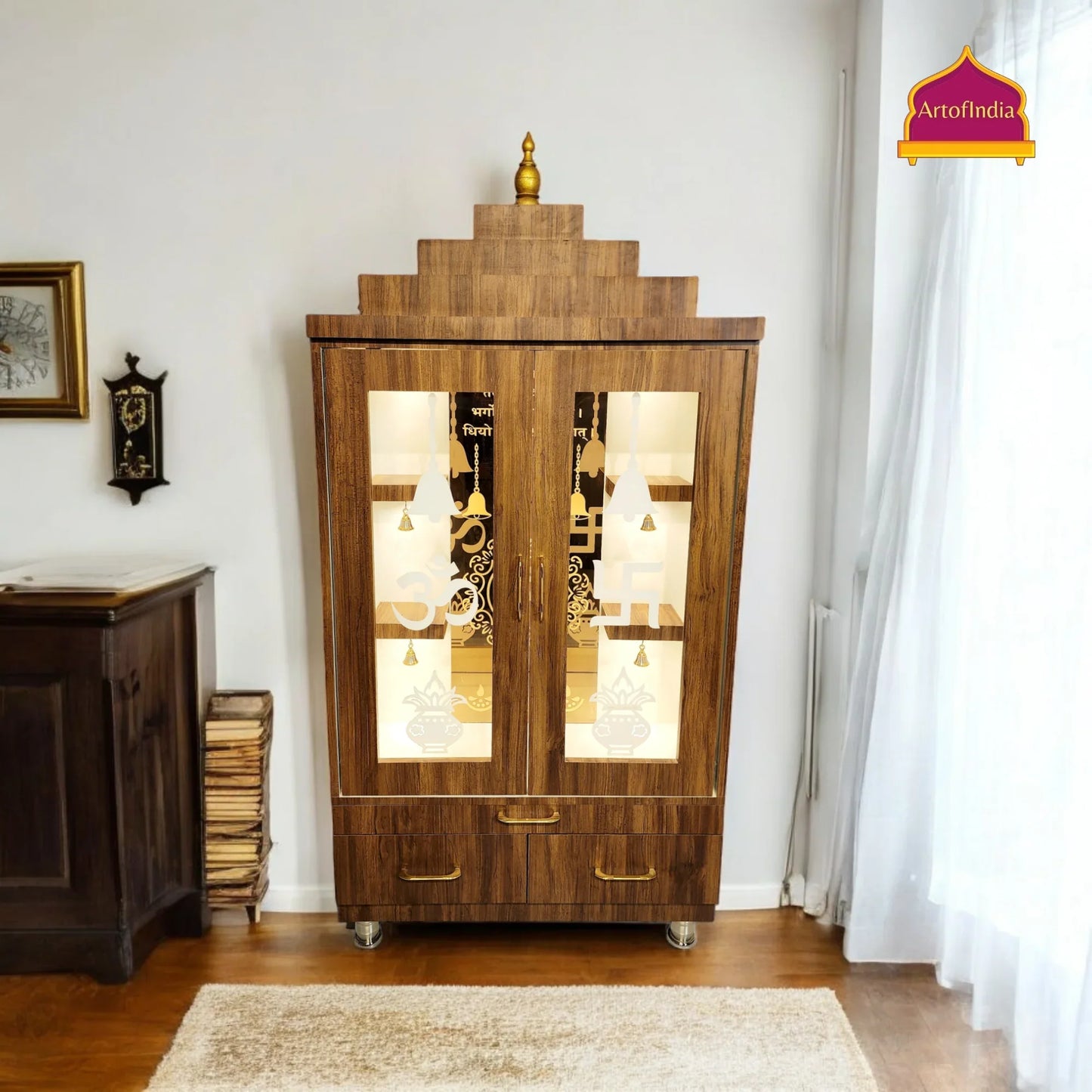 ARTOFINDIA Beautiful Brown Wooden Mandir (OM Mirror Glass) With Designer Glass Doors & Shelfs For Home / Designer Temple