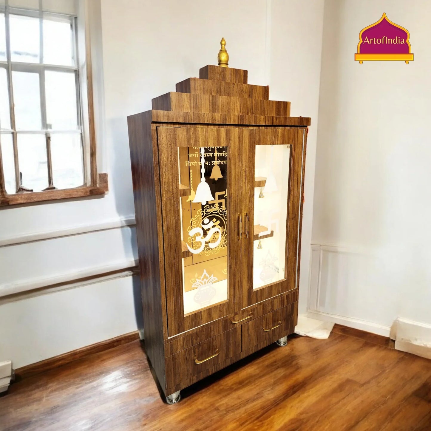 ARTOFINDIA Beautiful Brown Wooden Mandir (OM Mirror Glass) With Designer Glass Doors & Shelfs For Home / Designer Temple