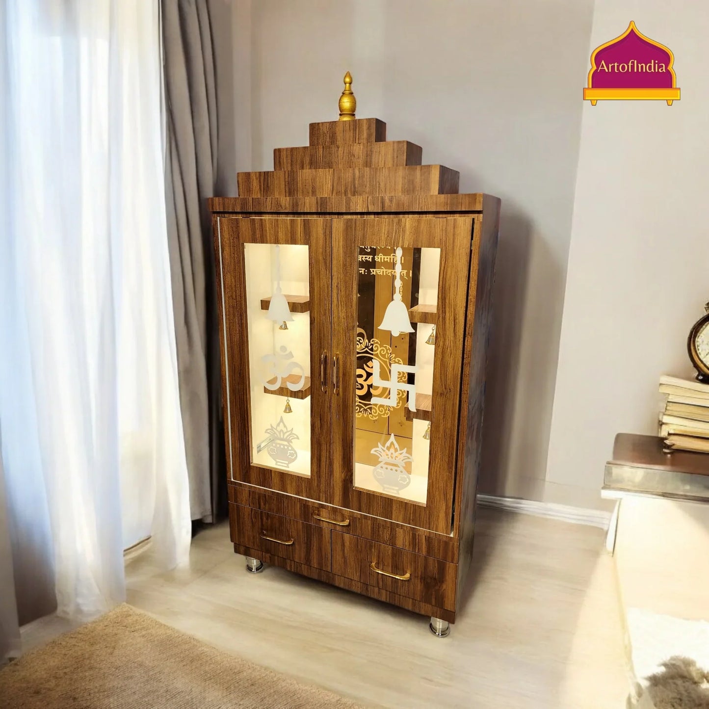 ARTOFINDIA Beautiful Brown Wooden Mandir (OM Mirror Glass) With Designer Glass Doors & Shelfs For Home / Designer Temple