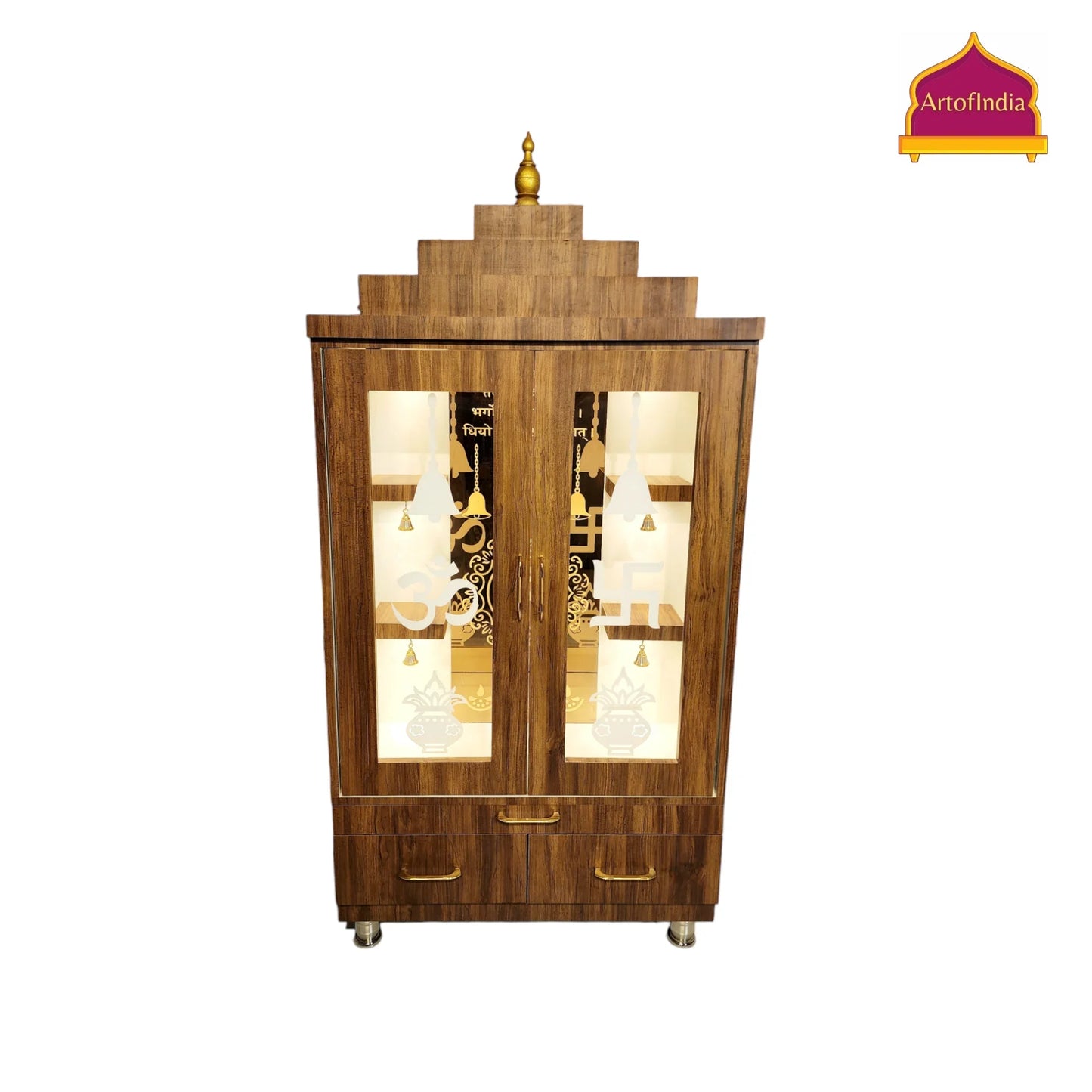 ARTOFINDIA Beautiful Brown Wooden Mandir (OM Mirror Glass) With Designer Glass Doors & Shelfs For Home / Designer Temple