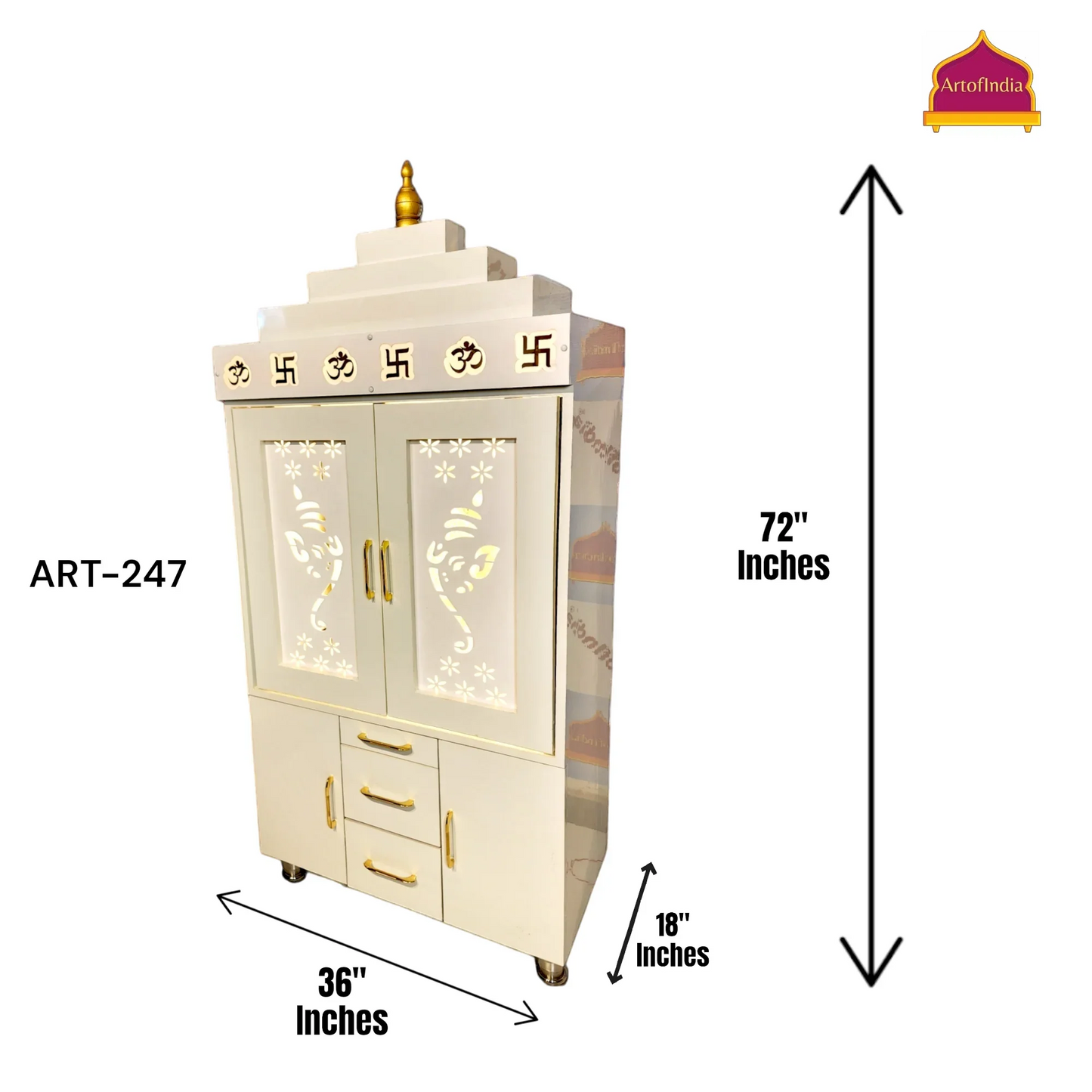 ARTOFINDIA Beautiful White Wooden Mandir (OM Acrylic Design) With Pocket Doors For Home / Designer Temple