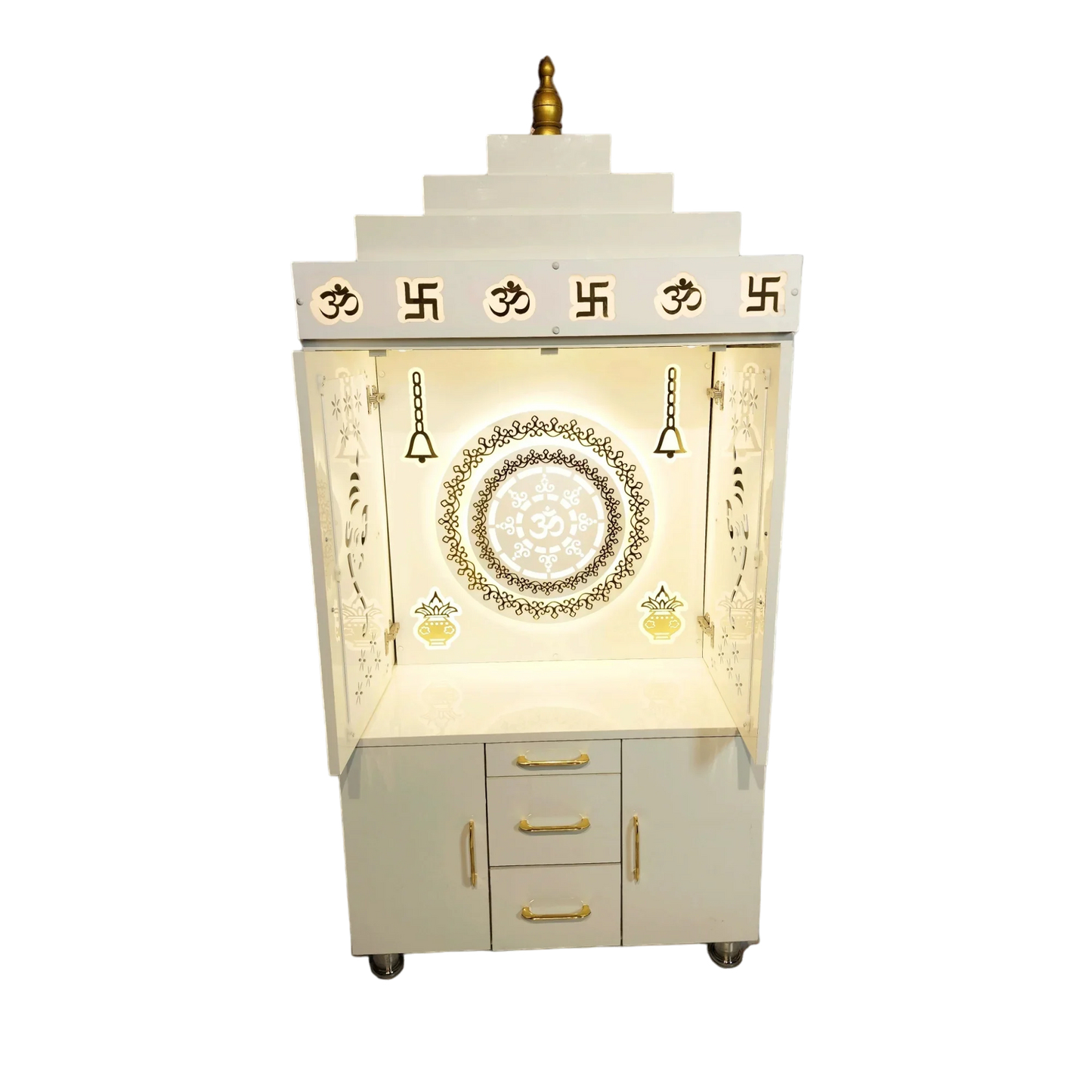 ARTOFINDIA Beautiful White Wooden Mandir (OM Acrylic Design) With Pocket Doors For Home / Designer Temple