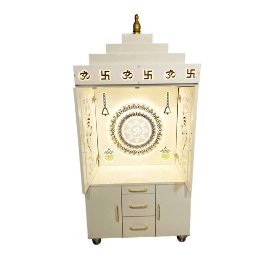 ARTOFINDIA Beautiful White Wooden Mandir (OM Acrylic Design) With Pocket Doors For Home / Designer Temple