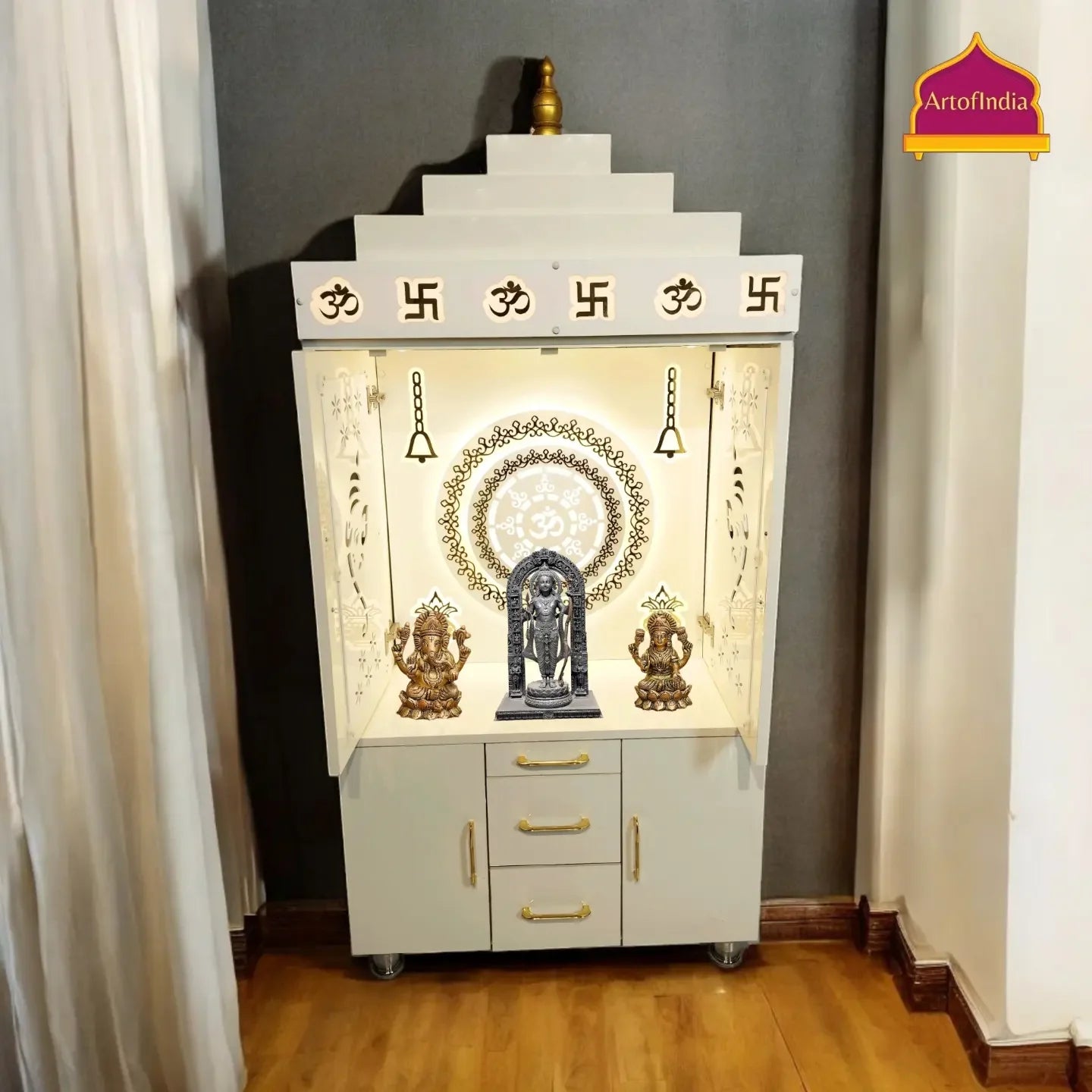 ARTOFINDIA Beautiful White Wooden Mandir (OM Acrylic Design) With Pocket Doors For Home / Designer Temple