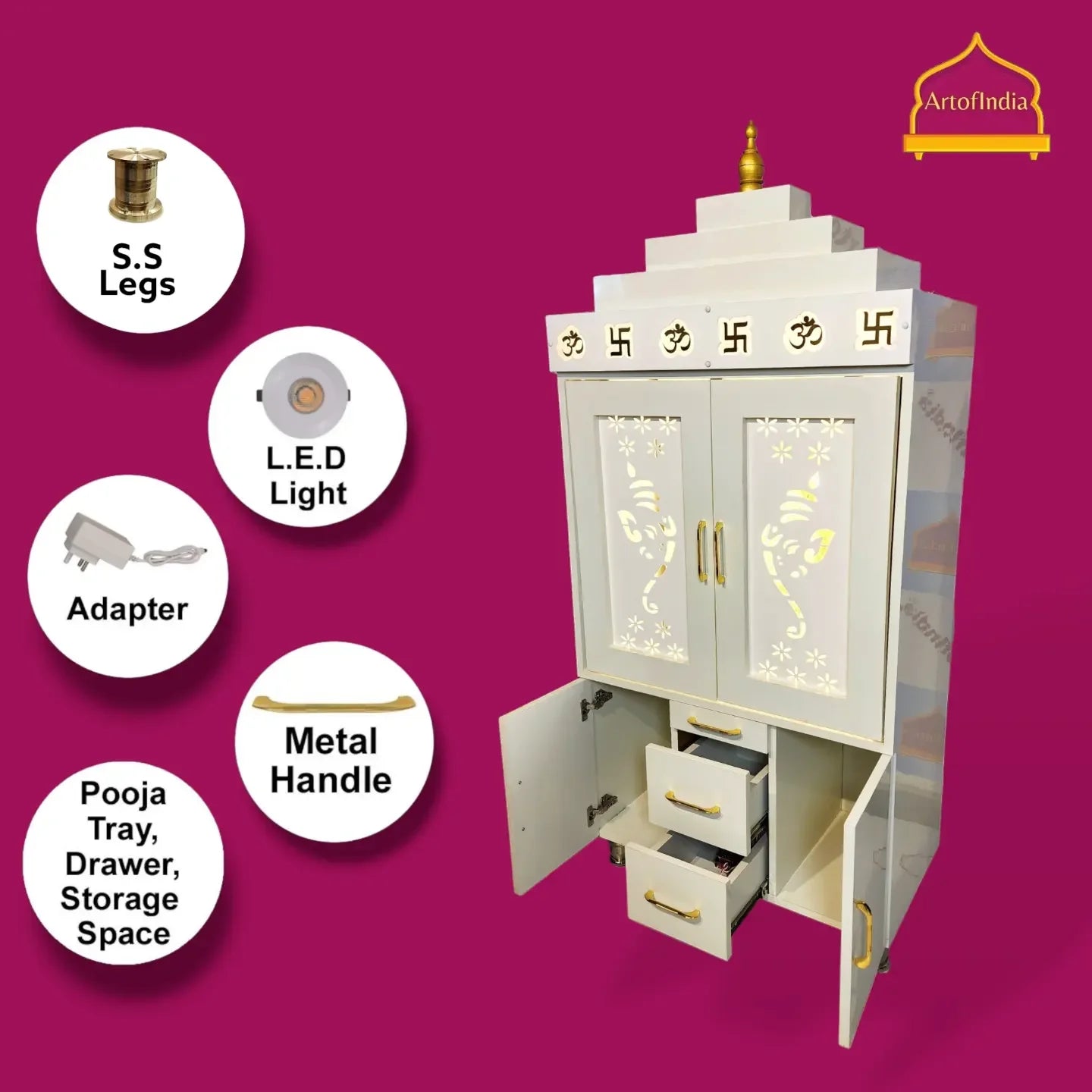 ARTOFINDIA Beautiful White Wooden Mandir (OM Acrylic Design) With Pocket Doors For Home / Designer Temple