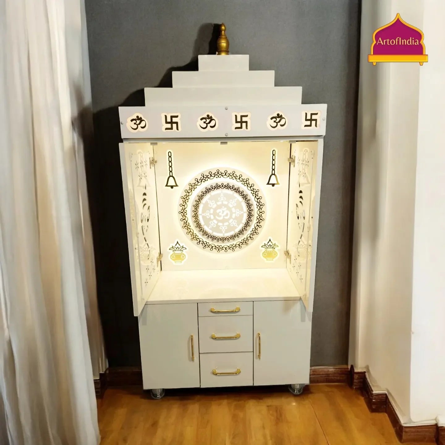 ARTOFINDIA Beautiful White Wooden Mandir (OM Acrylic Design) With Pocket Doors For Home / Designer Temple